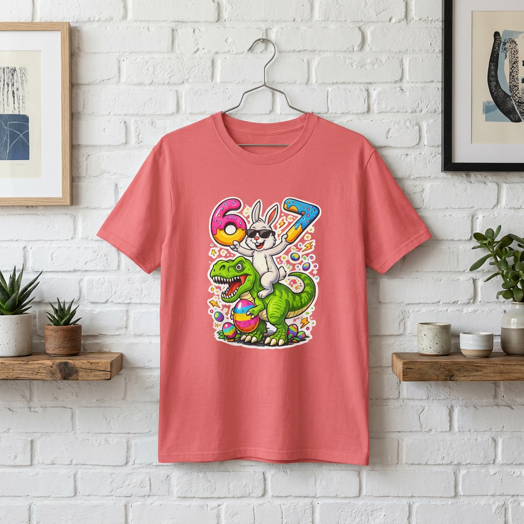 Kids 6-7 Birthday T-Shirt — Bunny Riding T-Rex with Number Balloons product thumbnail image
