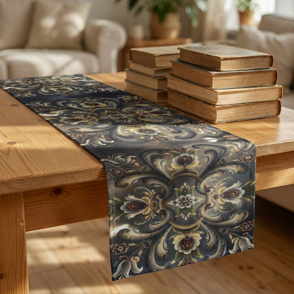 Traditional Rosemaling Norwegian Style Table Runner Cotton Twill Scandinavian Two Sizes Available Holiday Norwegian Bordduk Bordsduk product thumbnail image Traditional Rosemaling Norwegian Style Table Runner Cotton Twill Scandinavian Two Sizes Available Holiday Norwegian Bordduk Bordsduk product thumbnail image