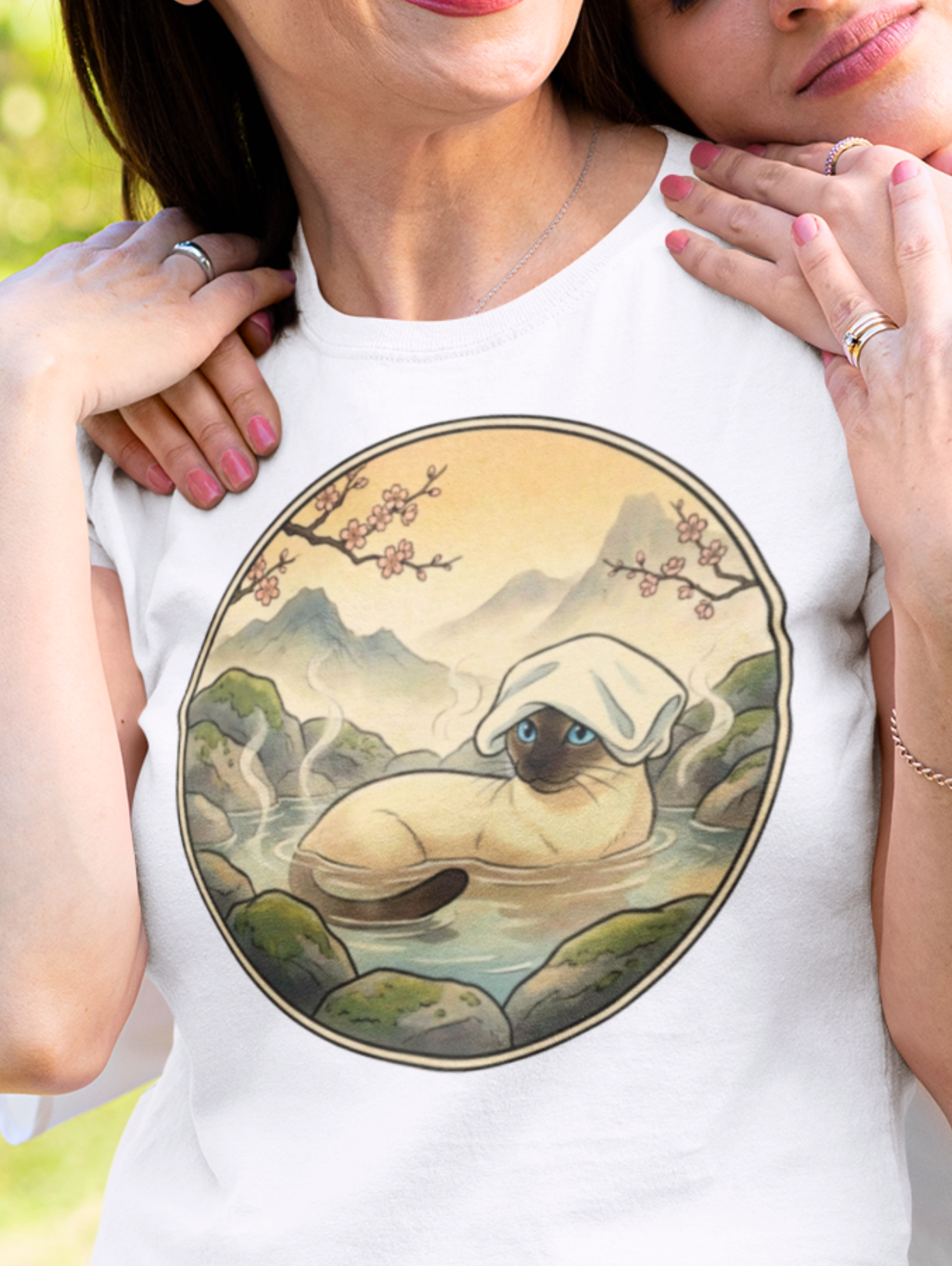 Siamese Cat Hot Spring Self-Care Relaxation Spa Day | Comfort Colors Unisex T-Shirt | Circlular Ukiyo-E Japanese-Inspired Cat Lovers Art Tee product thumbnail image