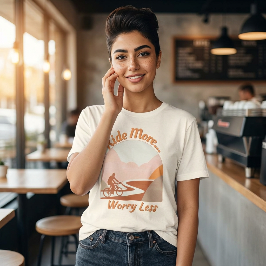 Ride More Worry Less T-Shirt — Retro Cyclist Tee product thumbnail image Ride More Worry Less T-Shirt — Retro Cyclist Tee product thumbnail image
