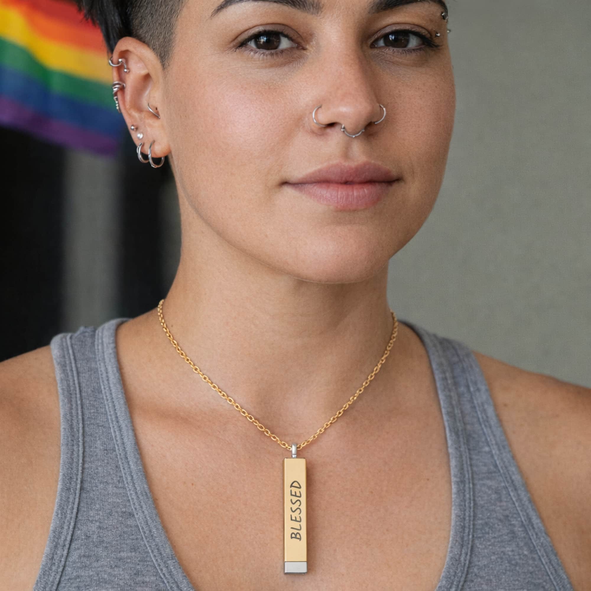 "Blessed" Queer Pet Mom Necklace - Custom Hidden Message Sliding Bar product thumbnail image