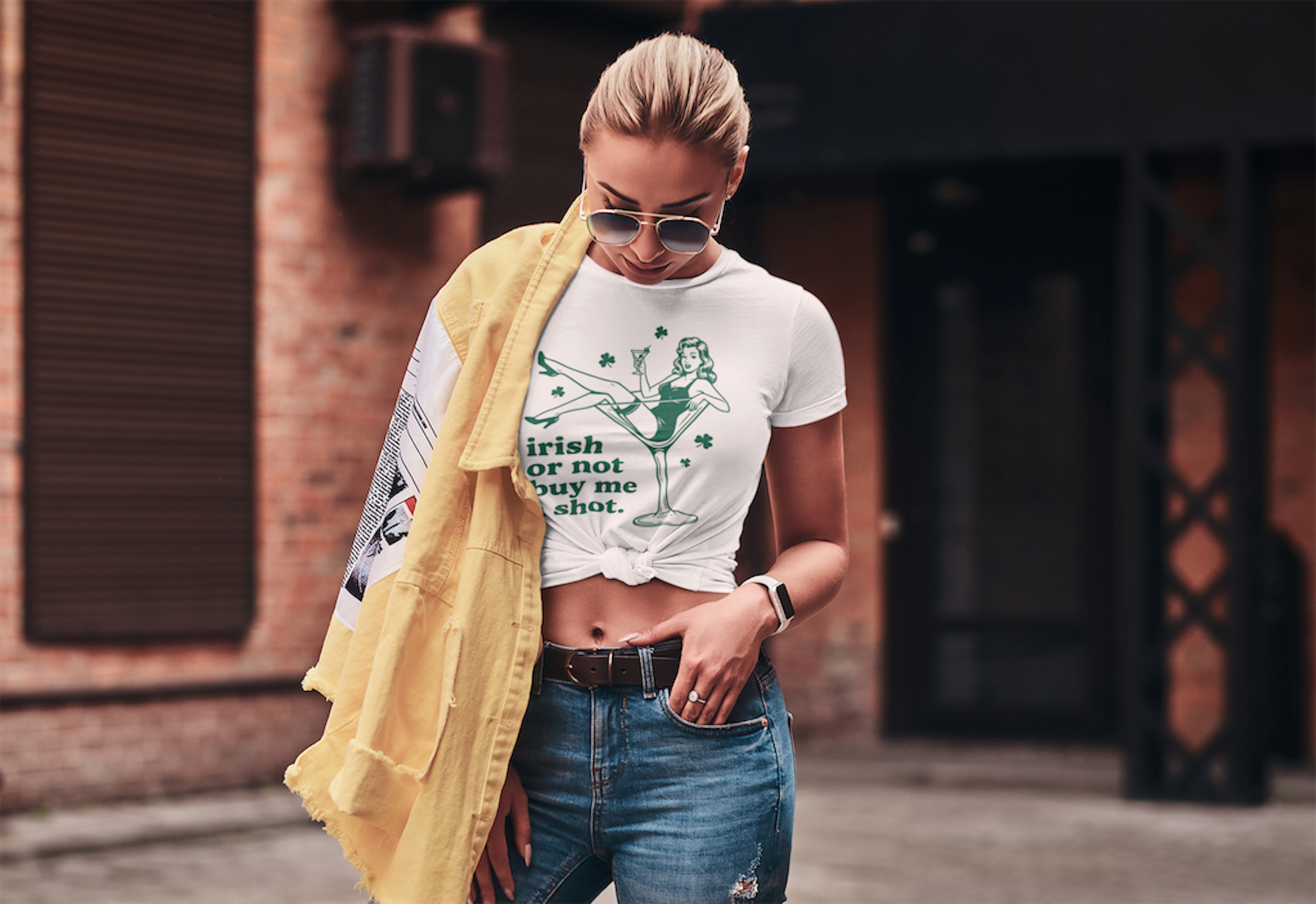 Irish or Not Buy Me a Shot Funny Graphic St. Paddy's Day T-Shirt | St. Patrick's Day Pinup Design, Irish Holiday, Womenswear, Girls Night Out product thumbnail image