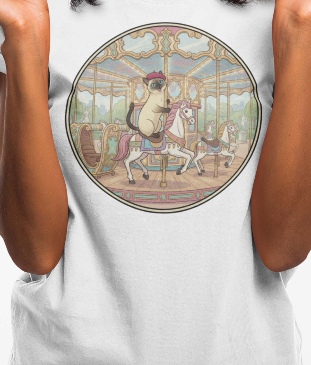 Siamese Cat on French Carousel Horse | Comfort Colors Unisex T-Shirt — Vintage Merry-Go-Round Cat Lovers Illustration Graphic Tee