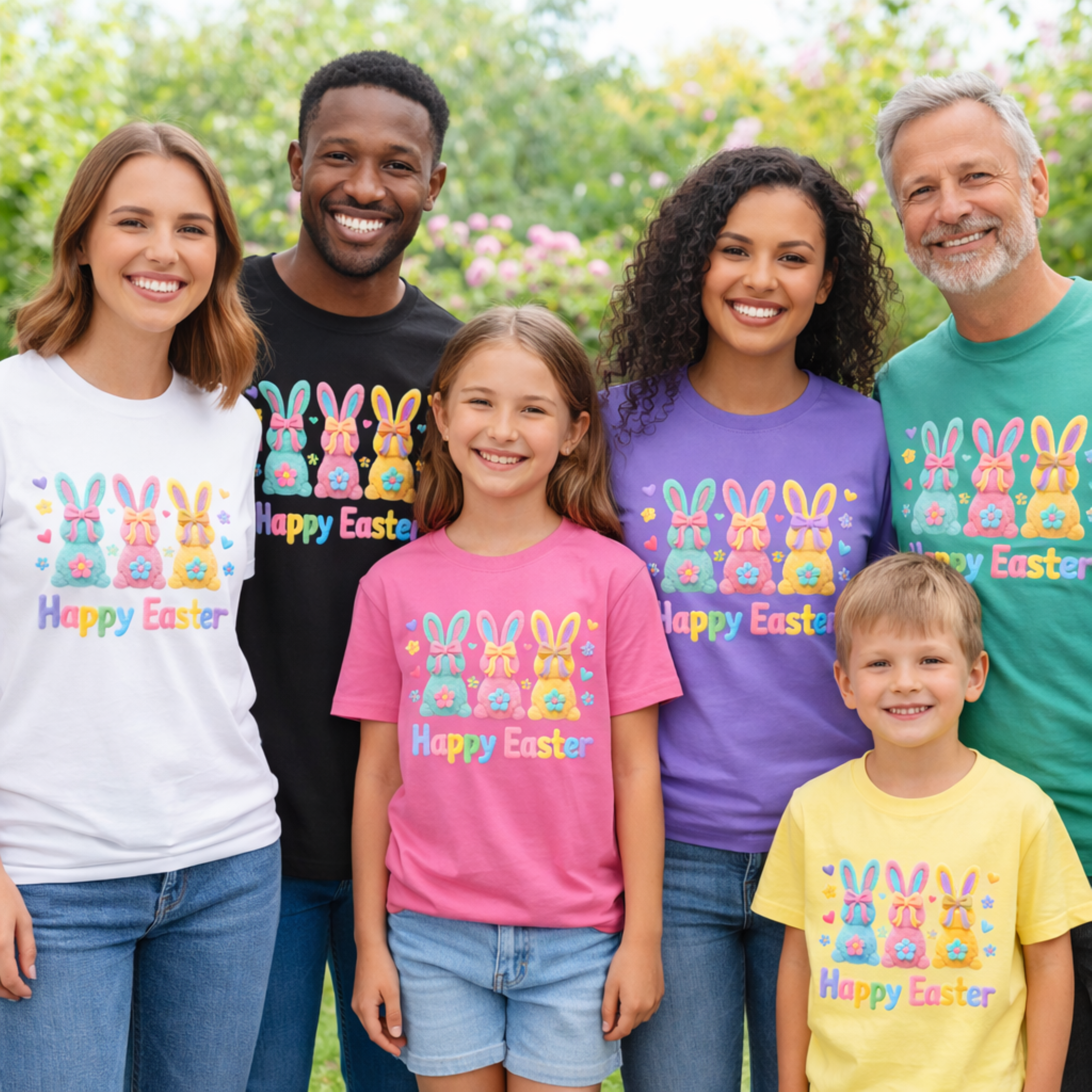 Fuzzy Look Easter Bunny Trio T-Shirt — Pastel "Happy Easter" Graphic product thumbnail image Fuzzy Look Easter Bunny Trio T-Shirt — Pastel "Happy Easter" Graphic product thumbnail image