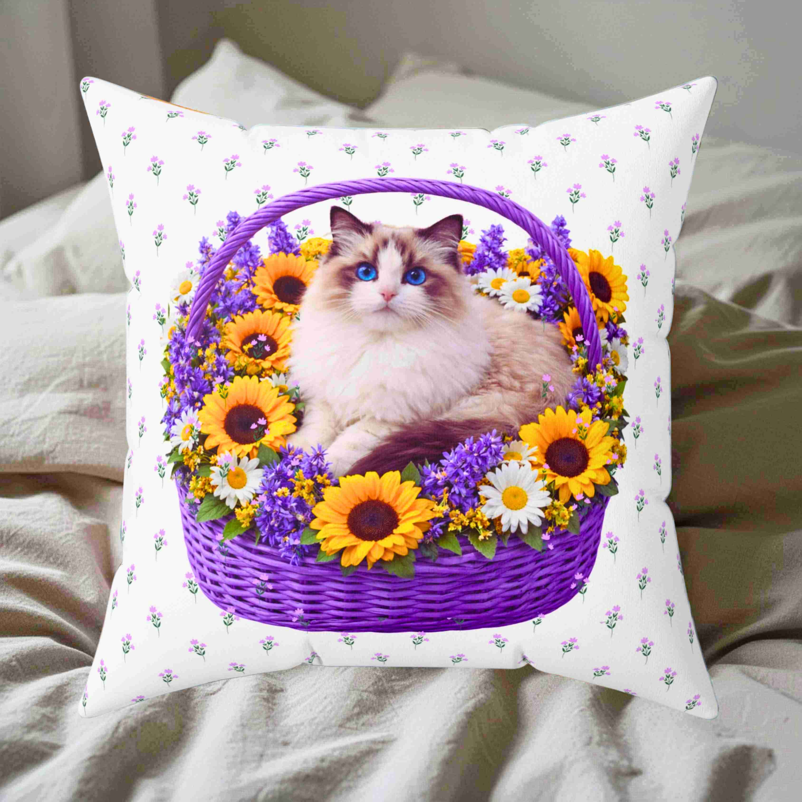 Fluffy Ragdoll Cat in Floral Basket Pillow | Square Polyester Throw Pillow product thumbnail image Fluffy Ragdoll Cat in Floral Basket Pillow | Square Polyester Throw Pillow product thumbnail image
