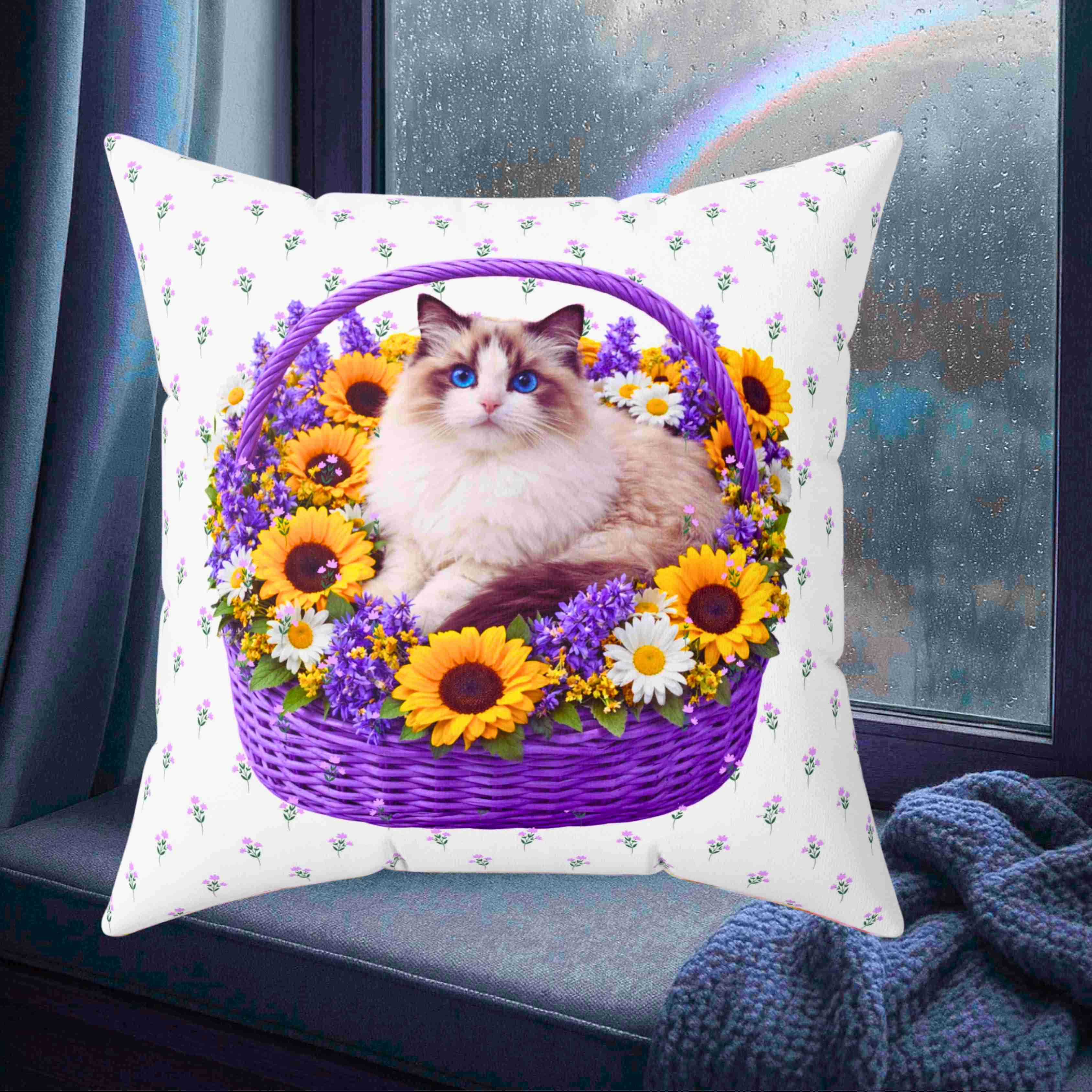 Fluffy Ragdoll Cat in Floral Basket Pillow | Square Polyester Throw Pillow product thumbnail image Fluffy Ragdoll Cat in Floral Basket Pillow | Square Polyester Throw Pillow product thumbnail image