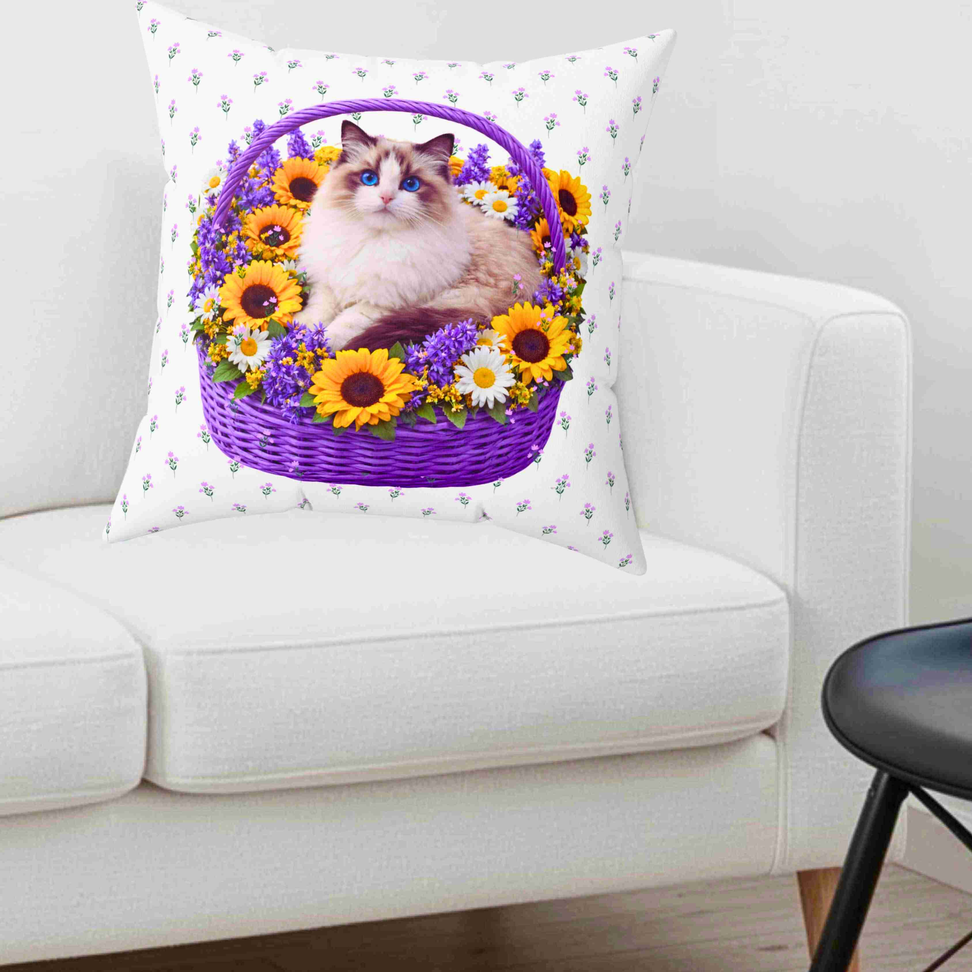 Fluffy Ragdoll Cat in Floral Basket Pillow | Square Polyester Throw Pillow product thumbnail image