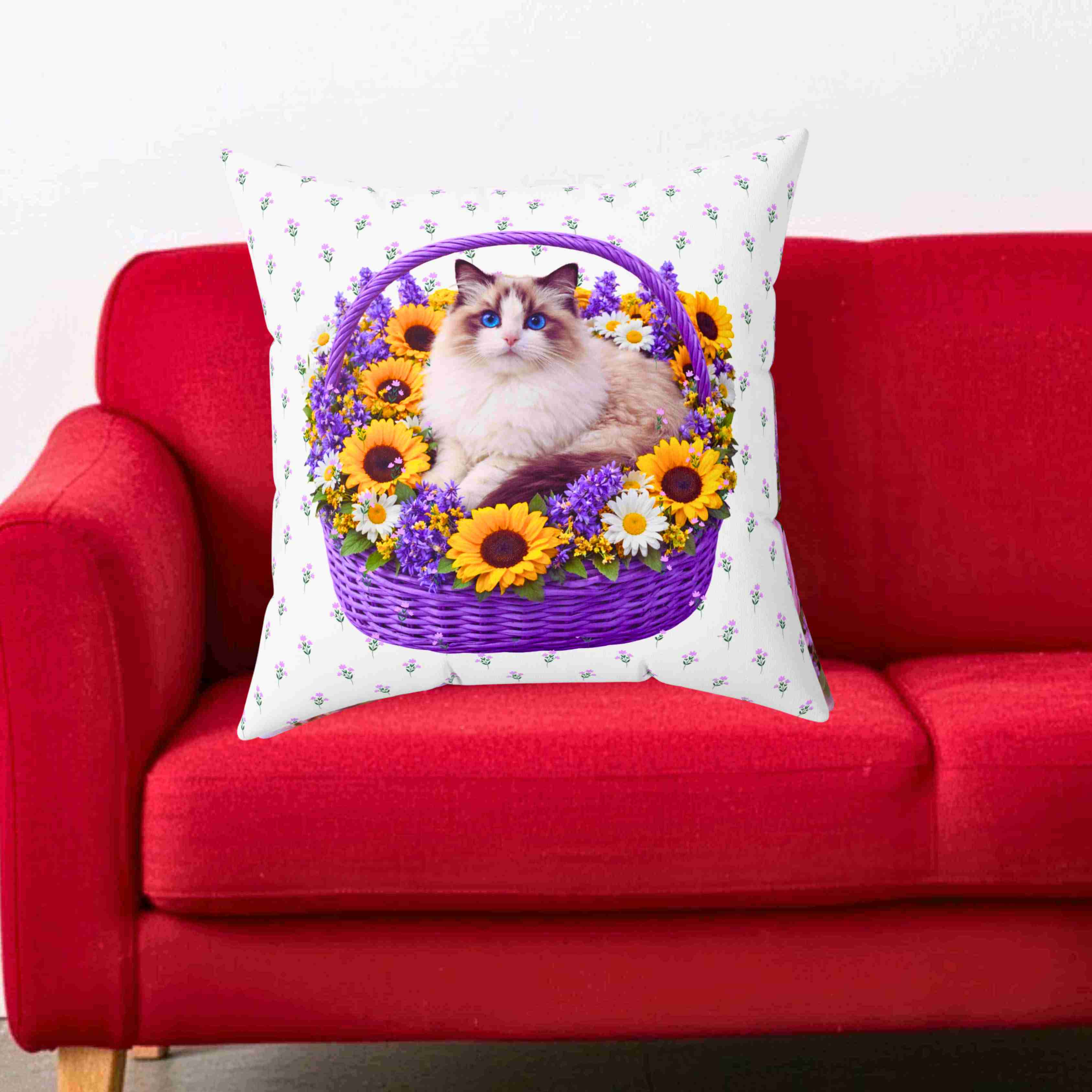 Fluffy Ragdoll Cat in Floral Basket Pillow | Square Polyester Throw Pillow product thumbnail image Fluffy Ragdoll Cat in Floral Basket Pillow | Square Polyester Throw Pillow product thumbnail image