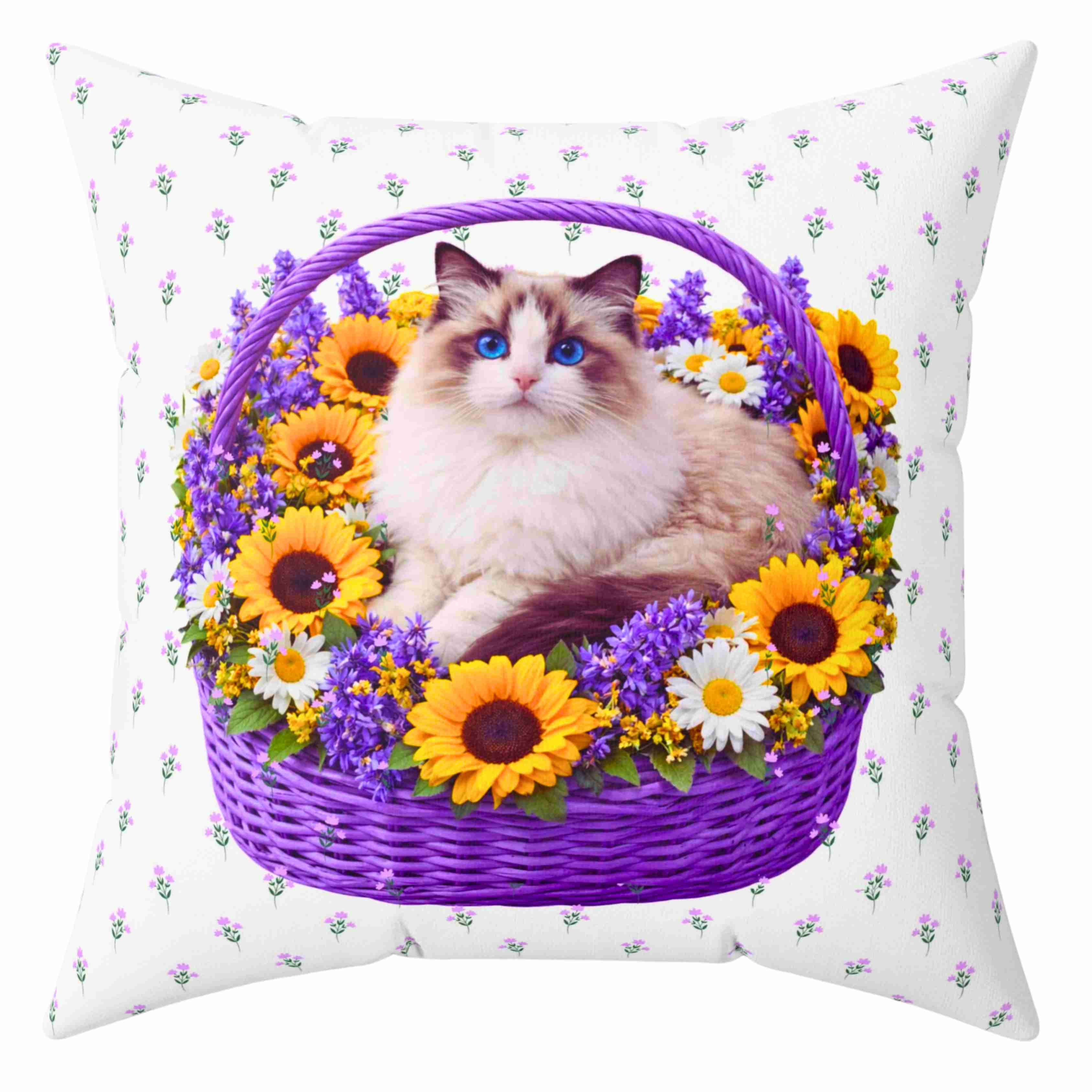 Fluffy Ragdoll Cat in Floral Basket Pillow | Square Polyester Throw Pillow product thumbnail image