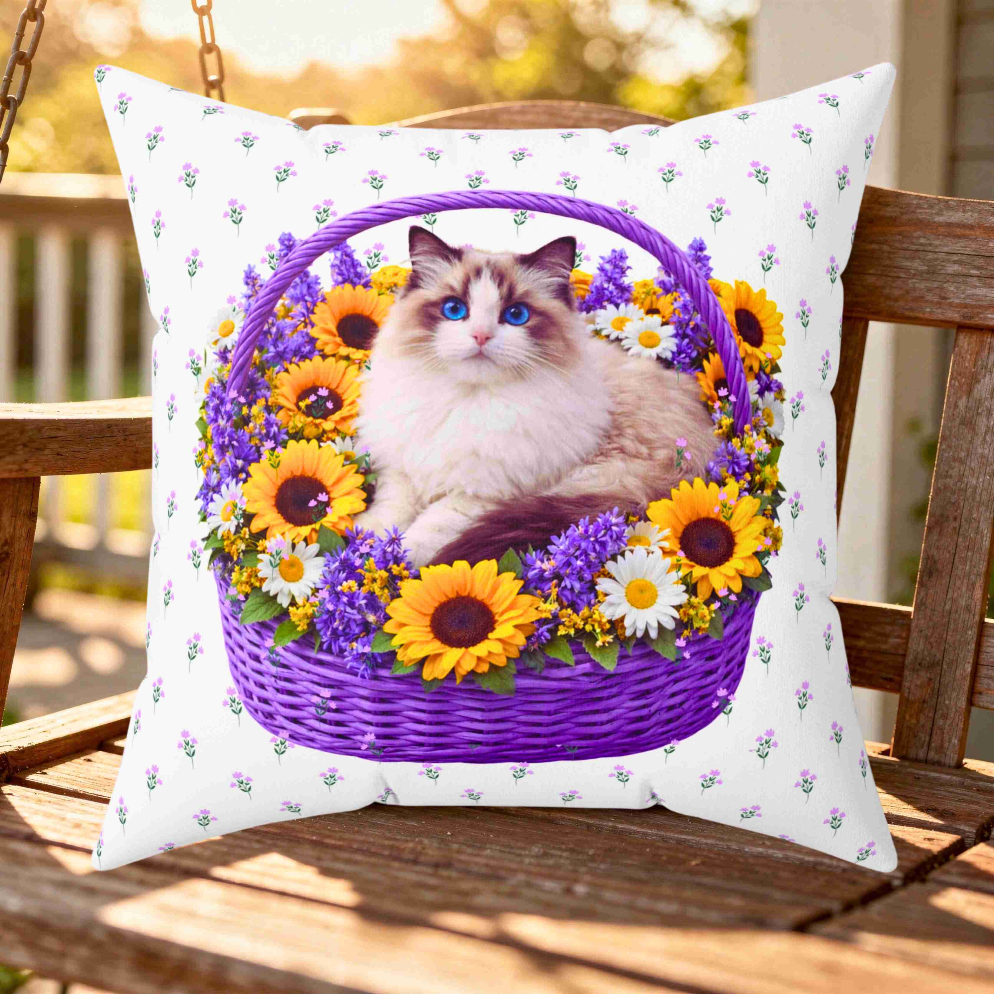 Fluffy Ragdoll Cat in Floral Basket Pillow | Square Polyester Throw Pillow product thumbnail image Fluffy Ragdoll Cat in Floral Basket Pillow | Square Polyester Throw Pillow product thumbnail image