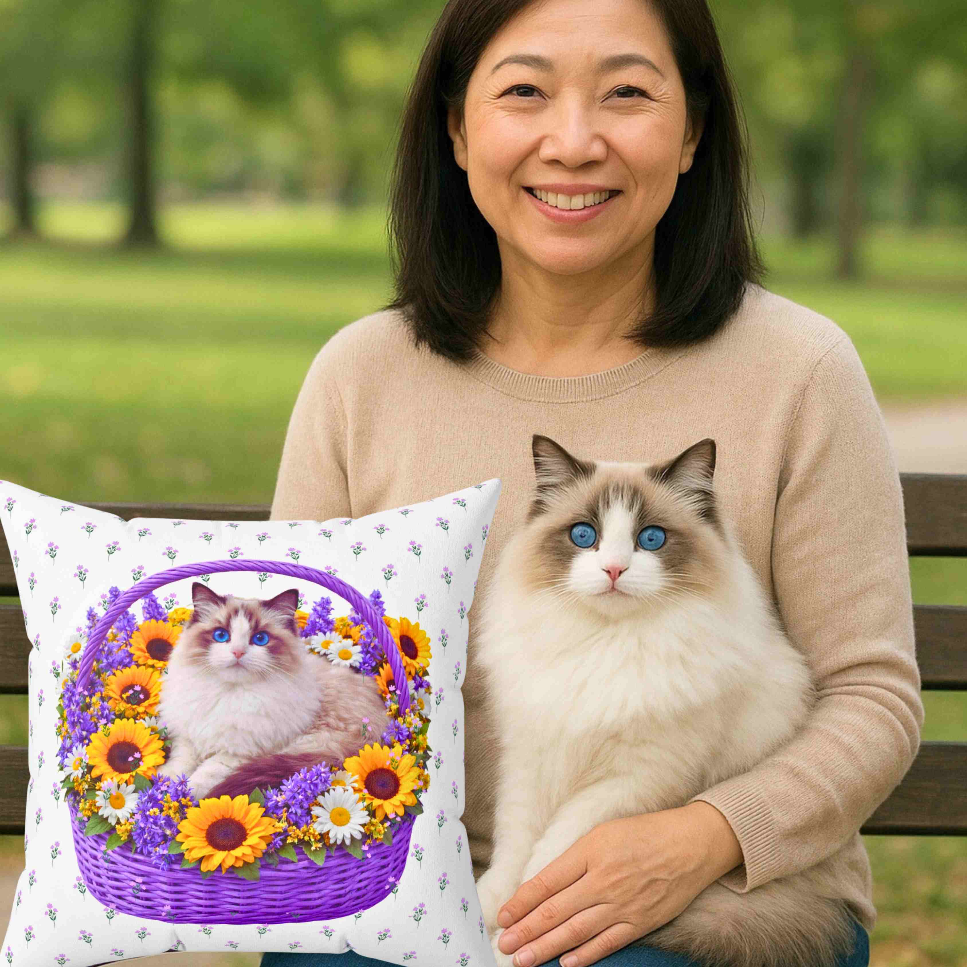 Fluffy Ragdoll Cat in Floral Basket Pillow | Square Polyester Throw Pillow product thumbnail image Fluffy Ragdoll Cat in Floral Basket Pillow | Square Polyester Throw Pillow product thumbnail image