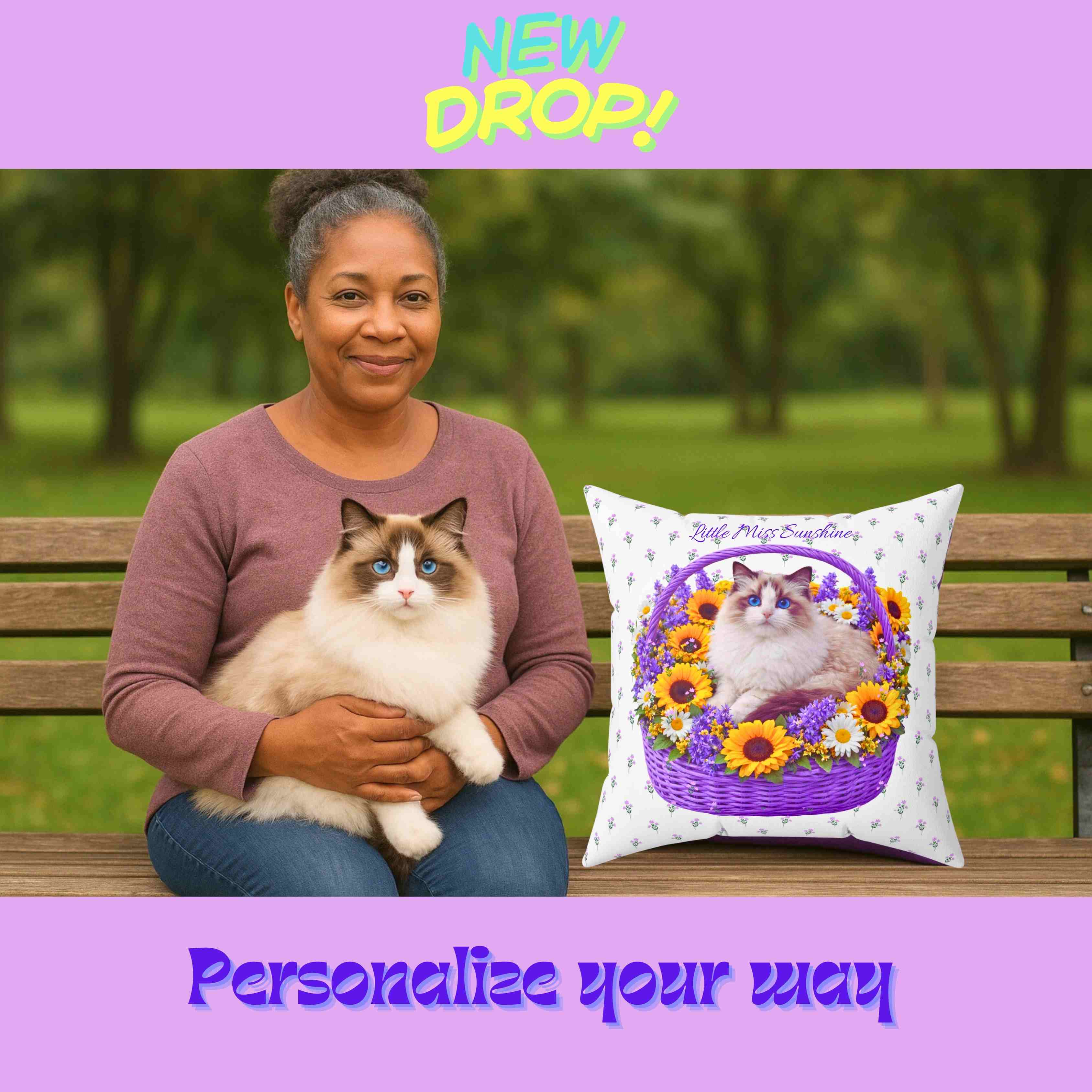 Fluffy Ragdoll Cat in Floral Basket Pillow | Square Polyester Throw Pillow product thumbnail image