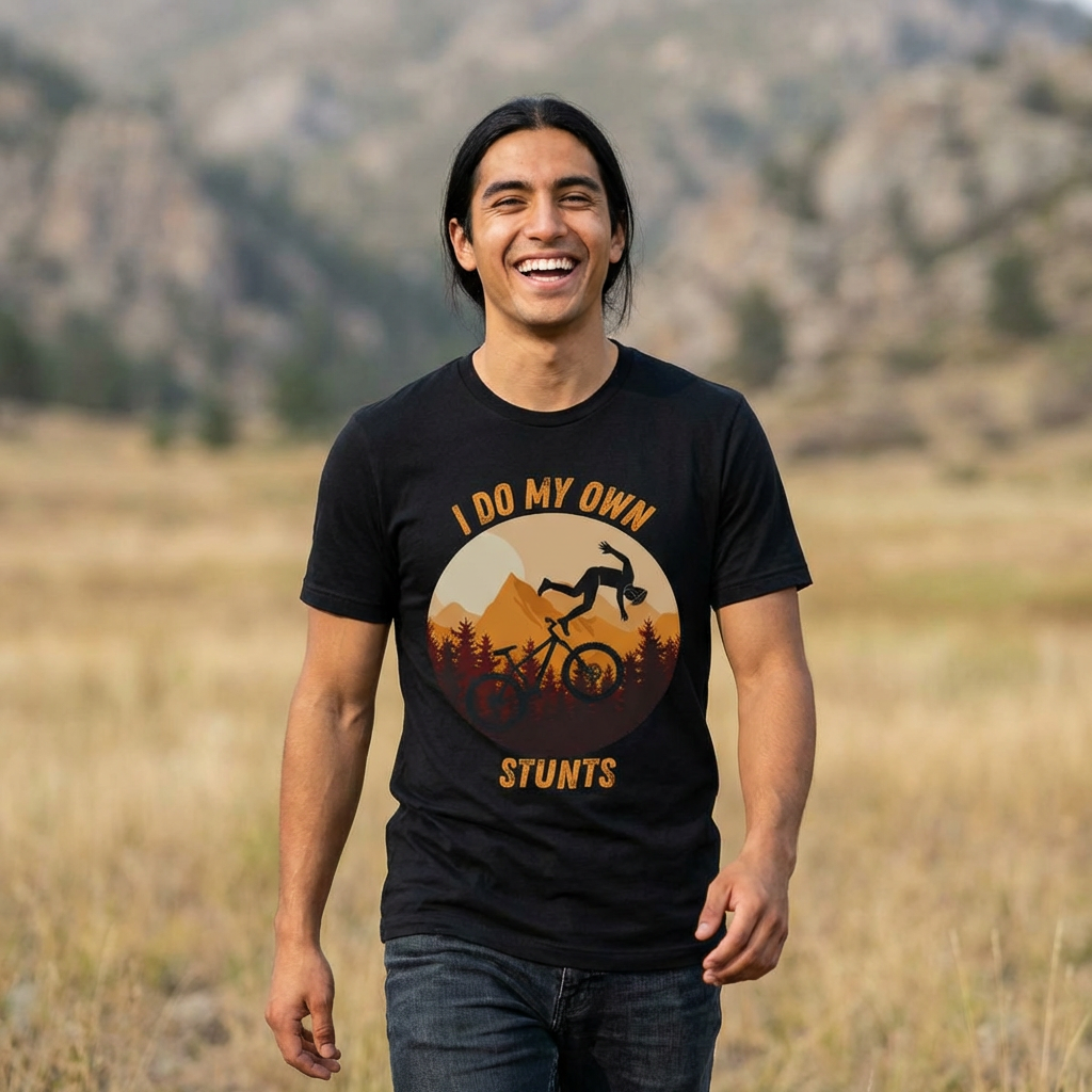 I Do My Own Stunts Mountain Biker T-Shirt product thumbnail image I Do My Own Stunts Mountain Biker T-Shirt product thumbnail image
