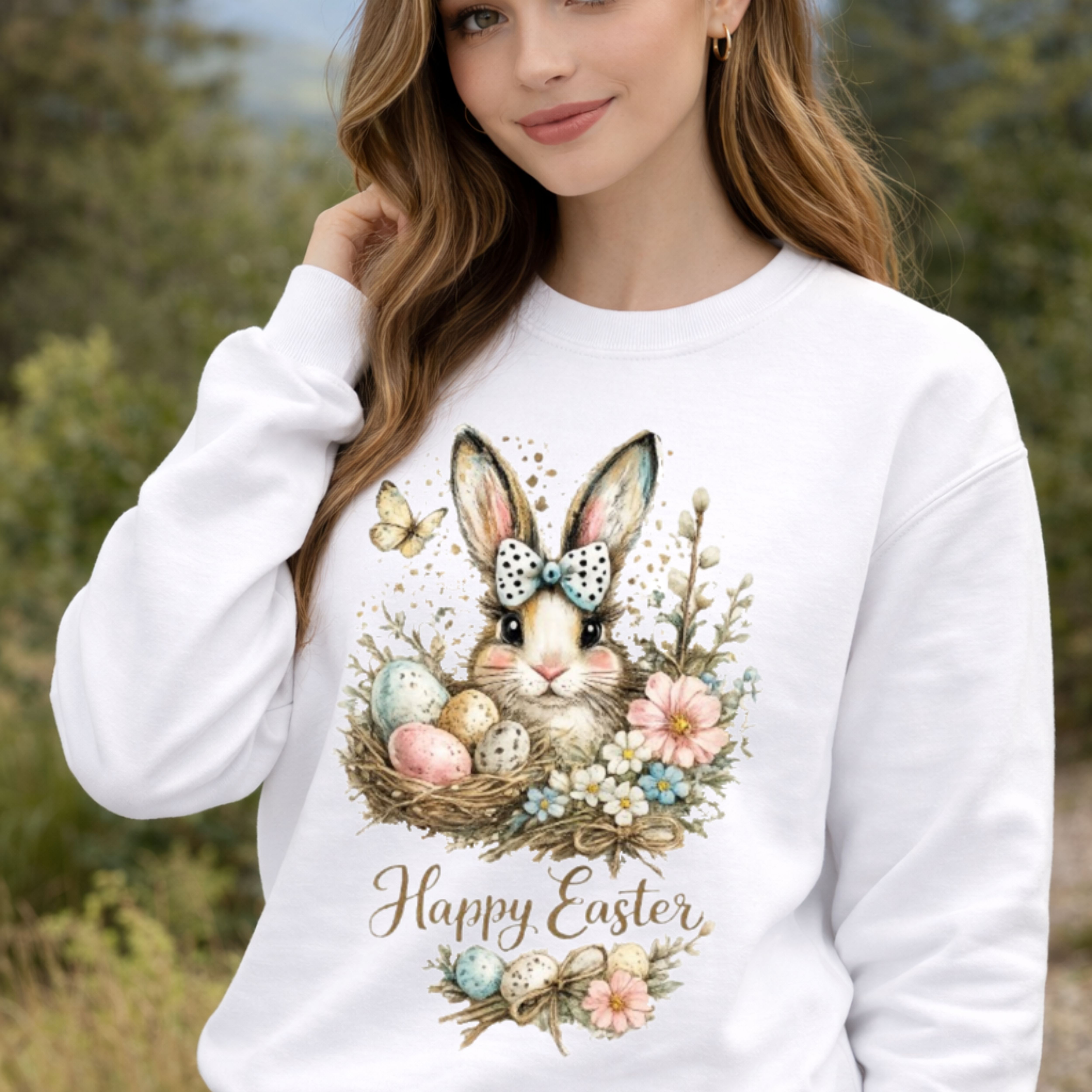 Springtime Bunny Crewneck Sweatshirt — Hand‑Painted Floral Blossoms & Pastel Eggs product thumbnail image Springtime Bunny Crewneck Sweatshirt — Hand‑Painted Floral Blossoms & Pastel Eggs product thumbnail image