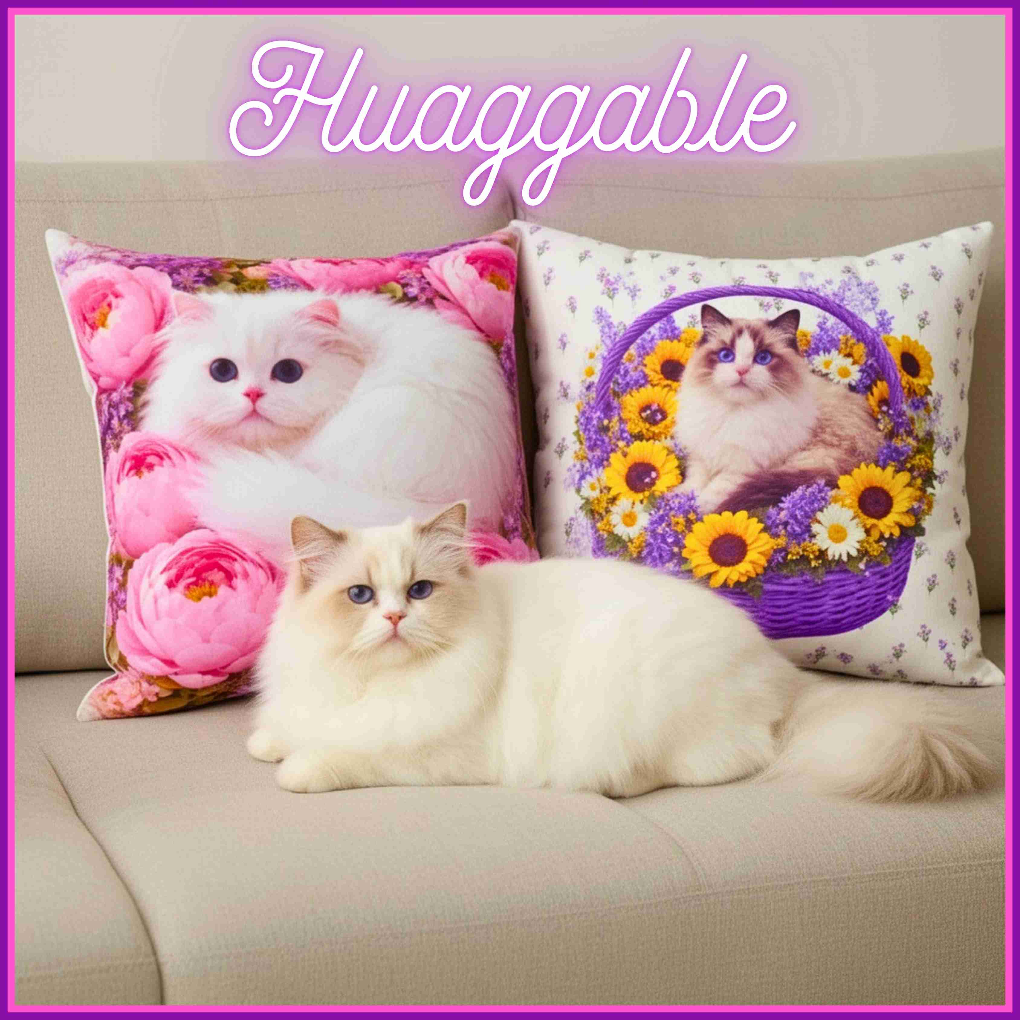 Fluffy Ragdoll Cat in Floral Basket Pillow | Square Polyester Throw Pillow product thumbnail image