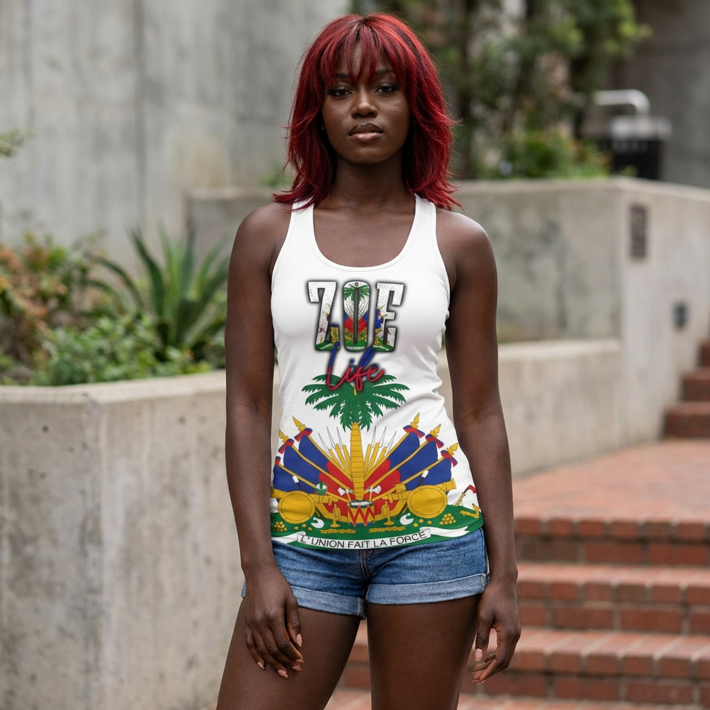 ZOE Life - White Haitian Pride Racerback Dress, Summer Fashion, Festival Wear, Tropical Vibes, Caribbean Style, Beach Day Outfit product thumbnail image