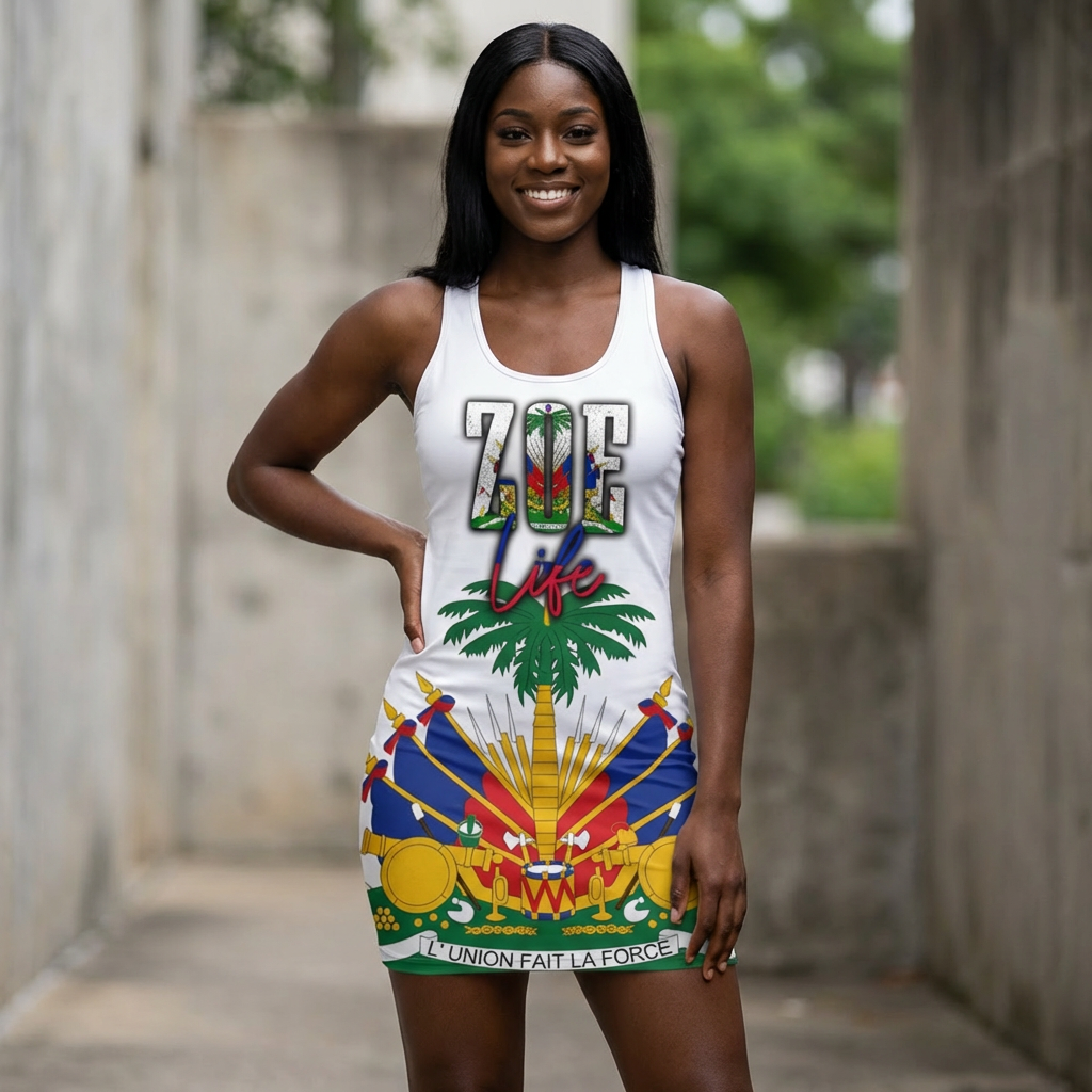 ZOE Life - White Haitian Pride Racerback Dress, Summer Fashion, Festival Wear, Tropical Vibes, Caribbean Style, Beach Day Outfit