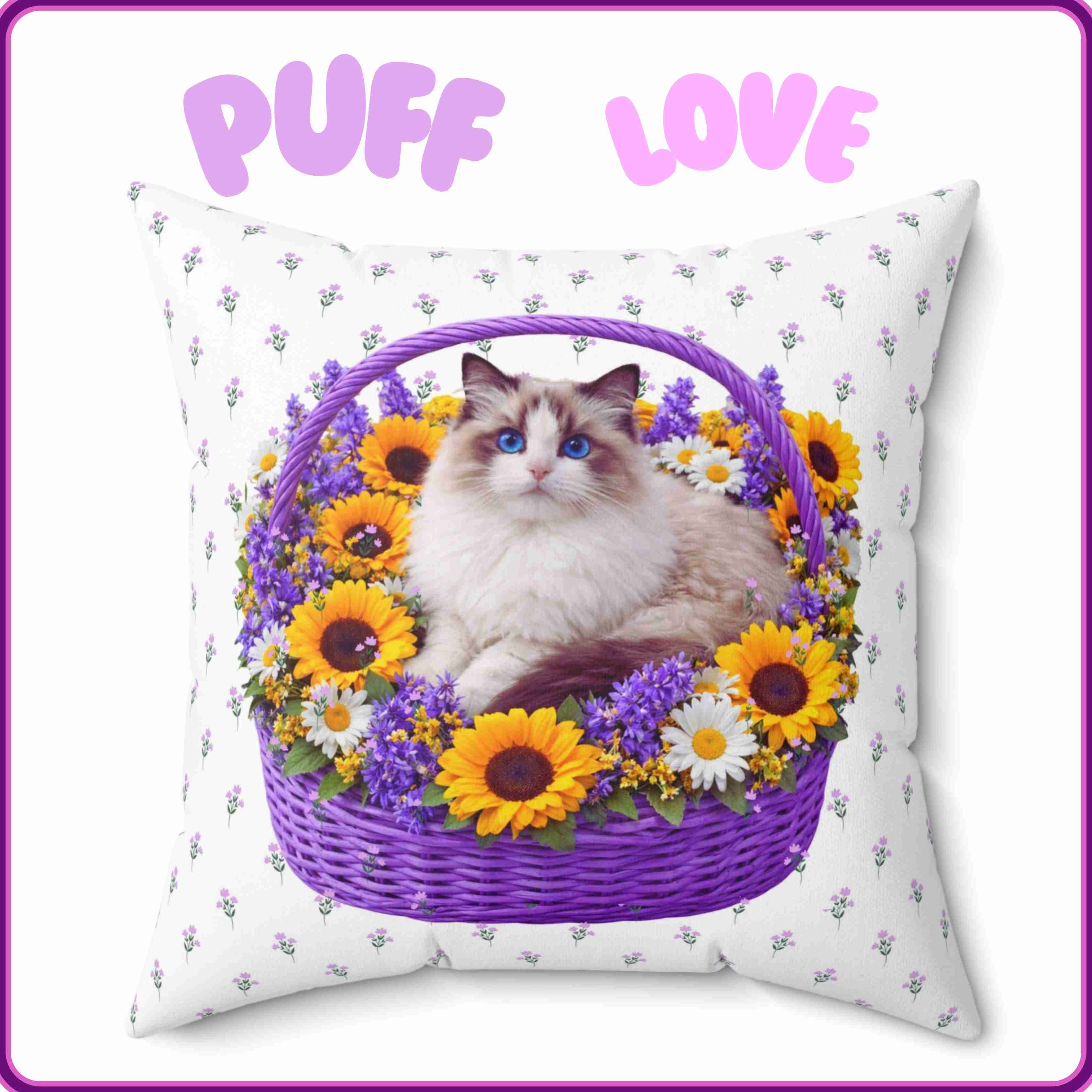 Fluffy Ragdoll Cat in Floral Basket Pillow | Square Polyester Throw Pillow product thumbnail image Fluffy Ragdoll Cat in Floral Basket Pillow | Square Polyester Throw Pillow product thumbnail image