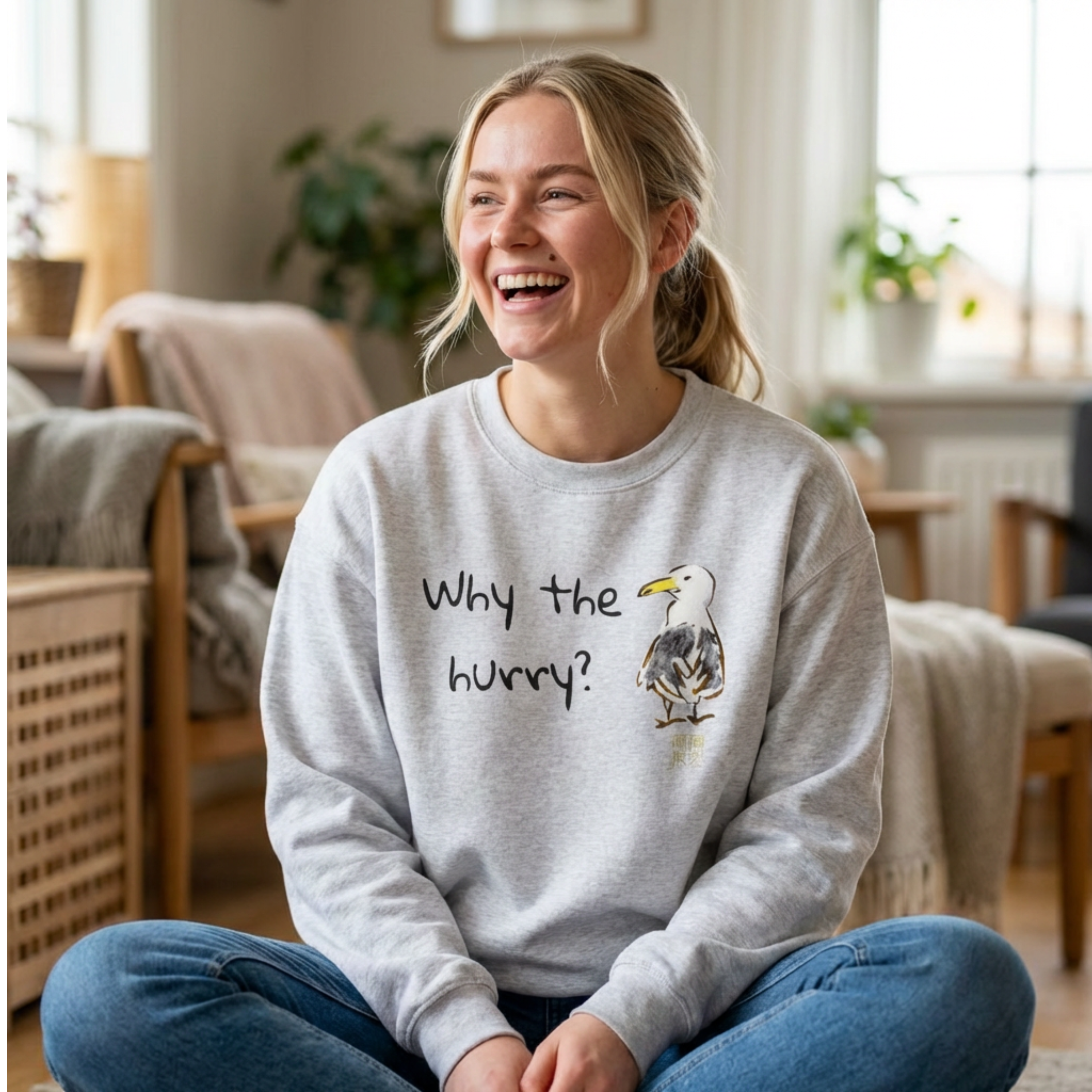 Seagull Crewneck Sweatshirt - 'Why the Hurry' Relax Sweatshirt, Sumi-e Funny Bird Graphic Sweater, Ocean Theme Pullover