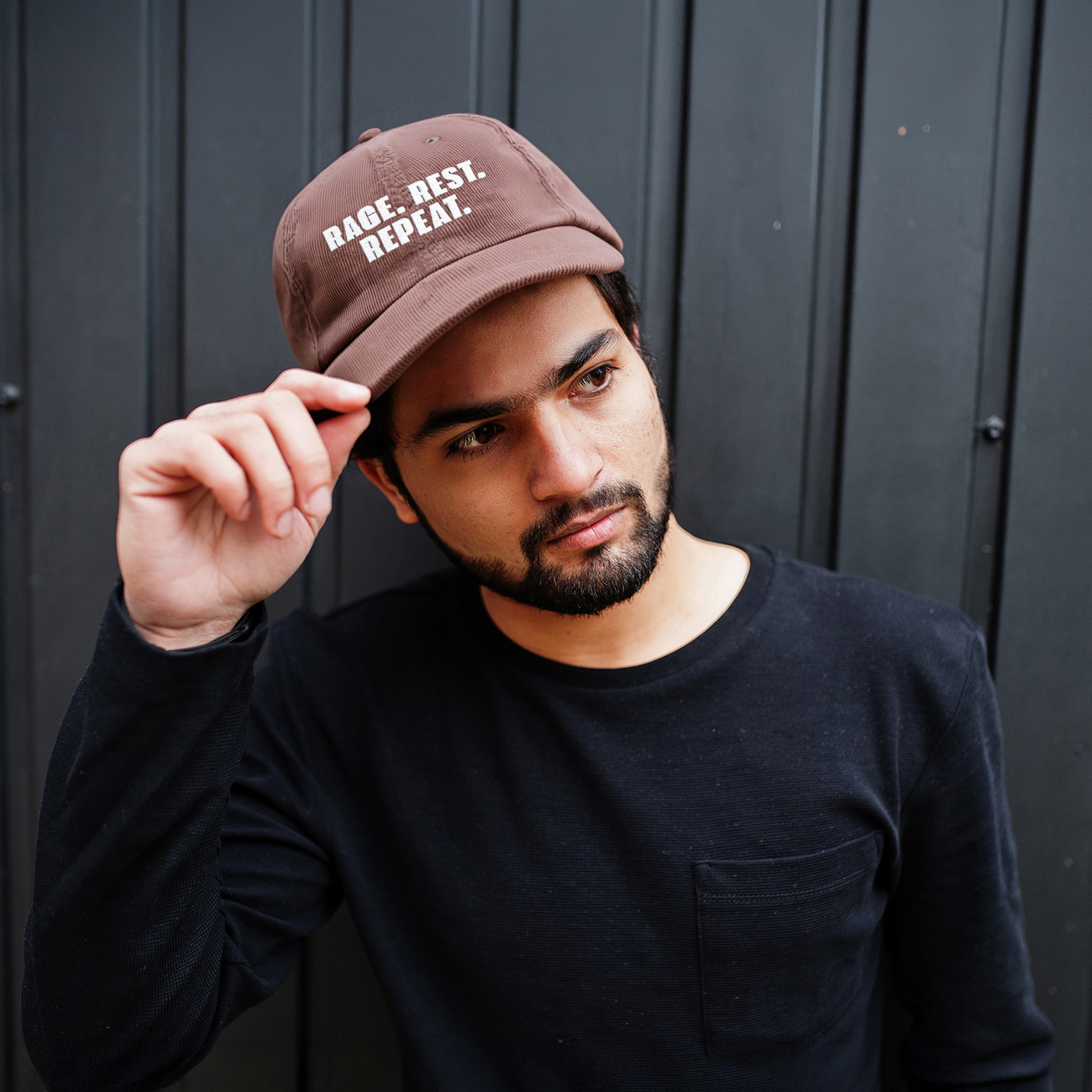 Retro Corduroy Baseball Cap — "Rage. Rest. Repeat." Embroidered Vintage Hat product thumbnail image Retro Corduroy Baseball Cap — "Rage. Rest. Repeat." Embroidered Vintage Hat product thumbnail image