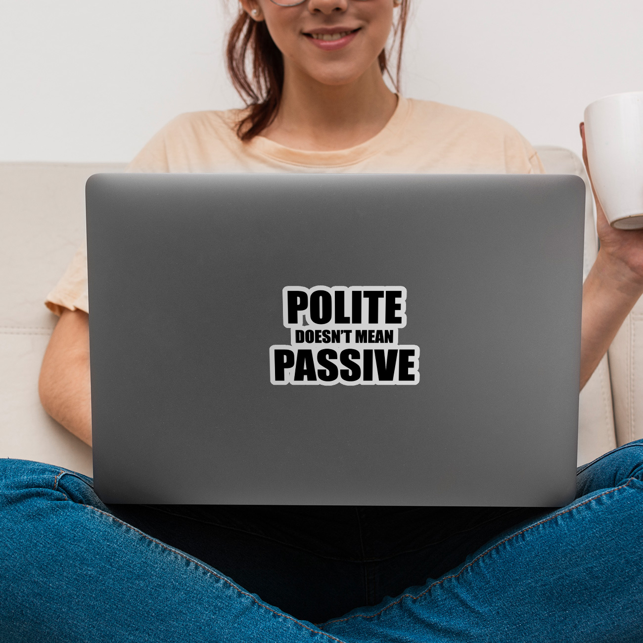 Polite Doesn't Mean Passive Sticker — Bold Empowerment Kiss-Cut Vinyl Sticker product thumbnail image Polite Doesn't Mean Passive Sticker — Bold Empowerment Kiss-Cut Vinyl Sticker product thumbnail image