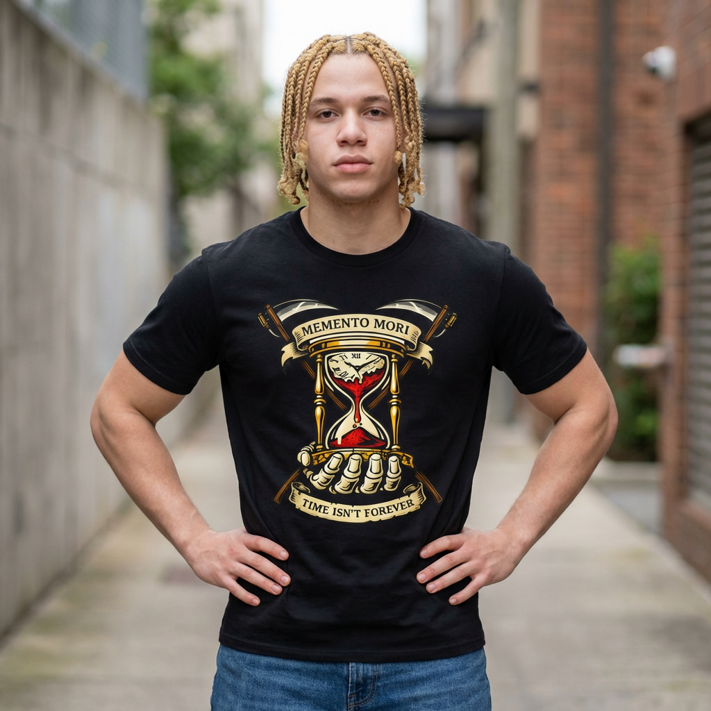 Memento Mori Hourglass T-Shirt — "Time Isn't Forever" product thumbnail image Memento Mori Hourglass T-Shirt — "Time Isn't Forever" product thumbnail image