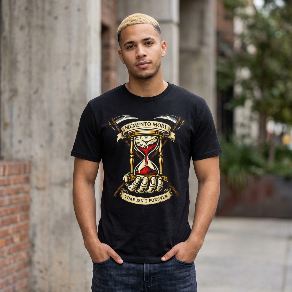 Memento Mori Hourglass T-Shirt — "Time Isn't Forever" product thumbnail image Memento Mori Hourglass T-Shirt — "Time Isn't Forever" product thumbnail image