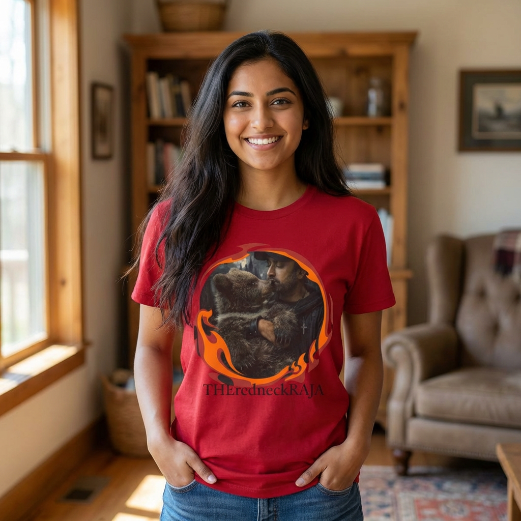 Graphic T-Shirt — 'THEredneckRAJA' Bear Embrace Flame Design