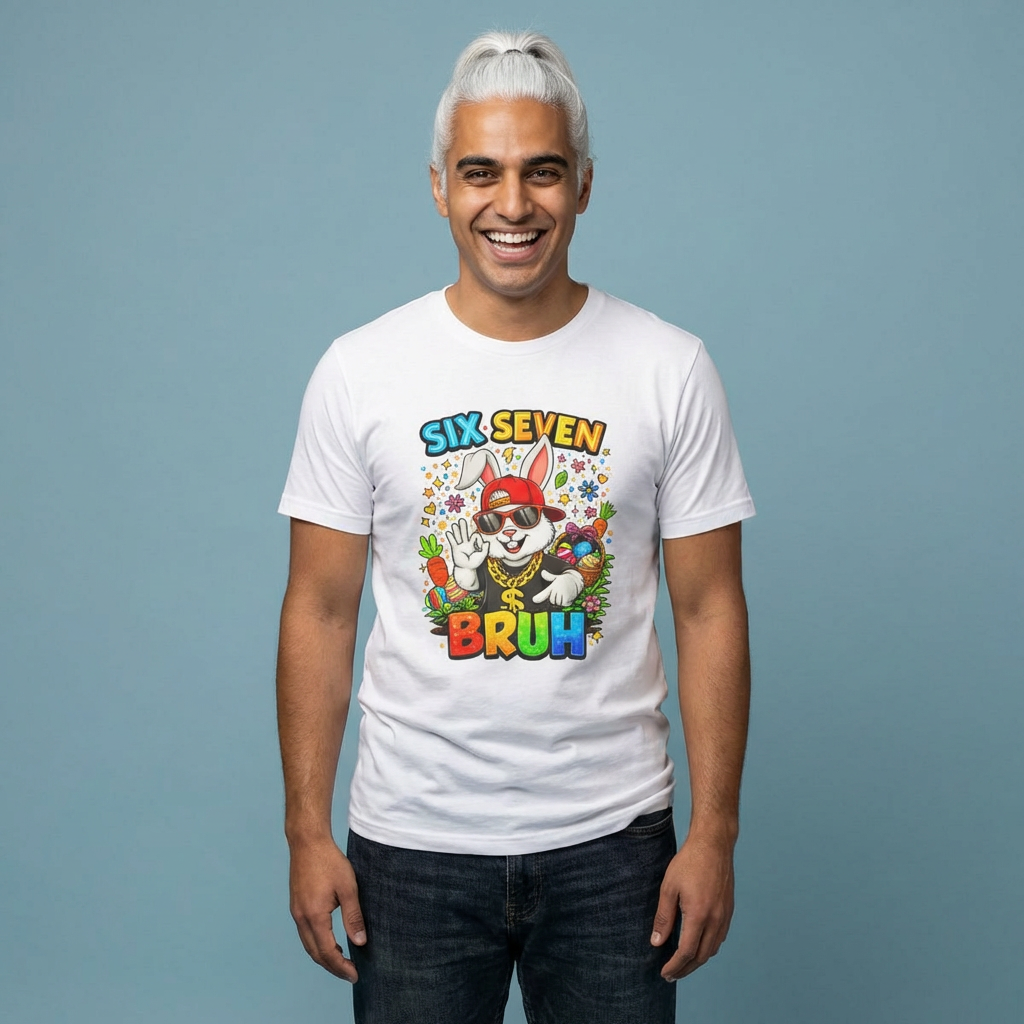 Six Seven Bruh Bunny Graphic T-Shirt — Colorful Retro Easter Streetwear