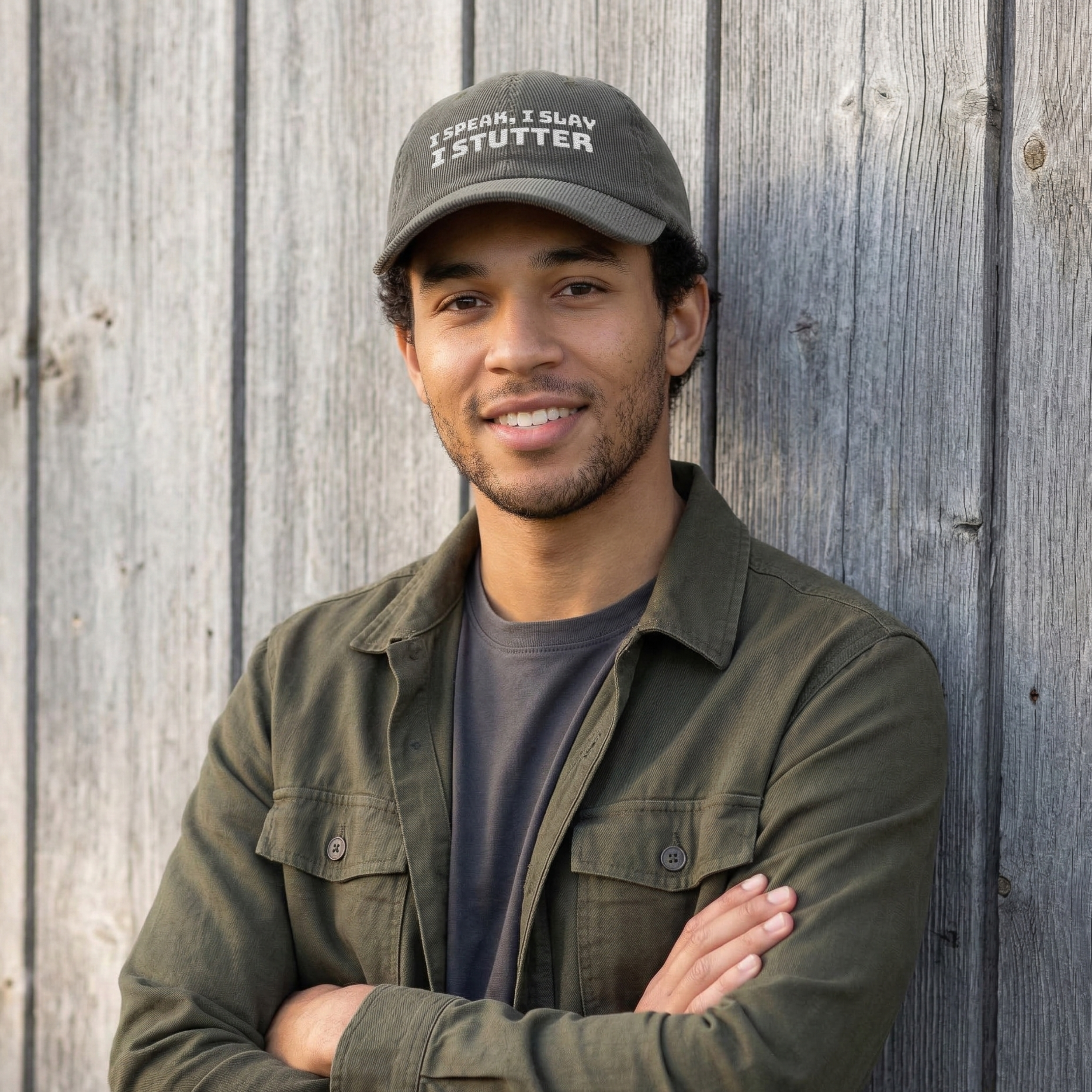 Corduroy Cap — "I Speak, I Slay, I Stutter" Embroidered Vintage Hat product thumbnail image Corduroy Cap — "I Speak, I Slay, I Stutter" Embroidered Vintage Hat product thumbnail image