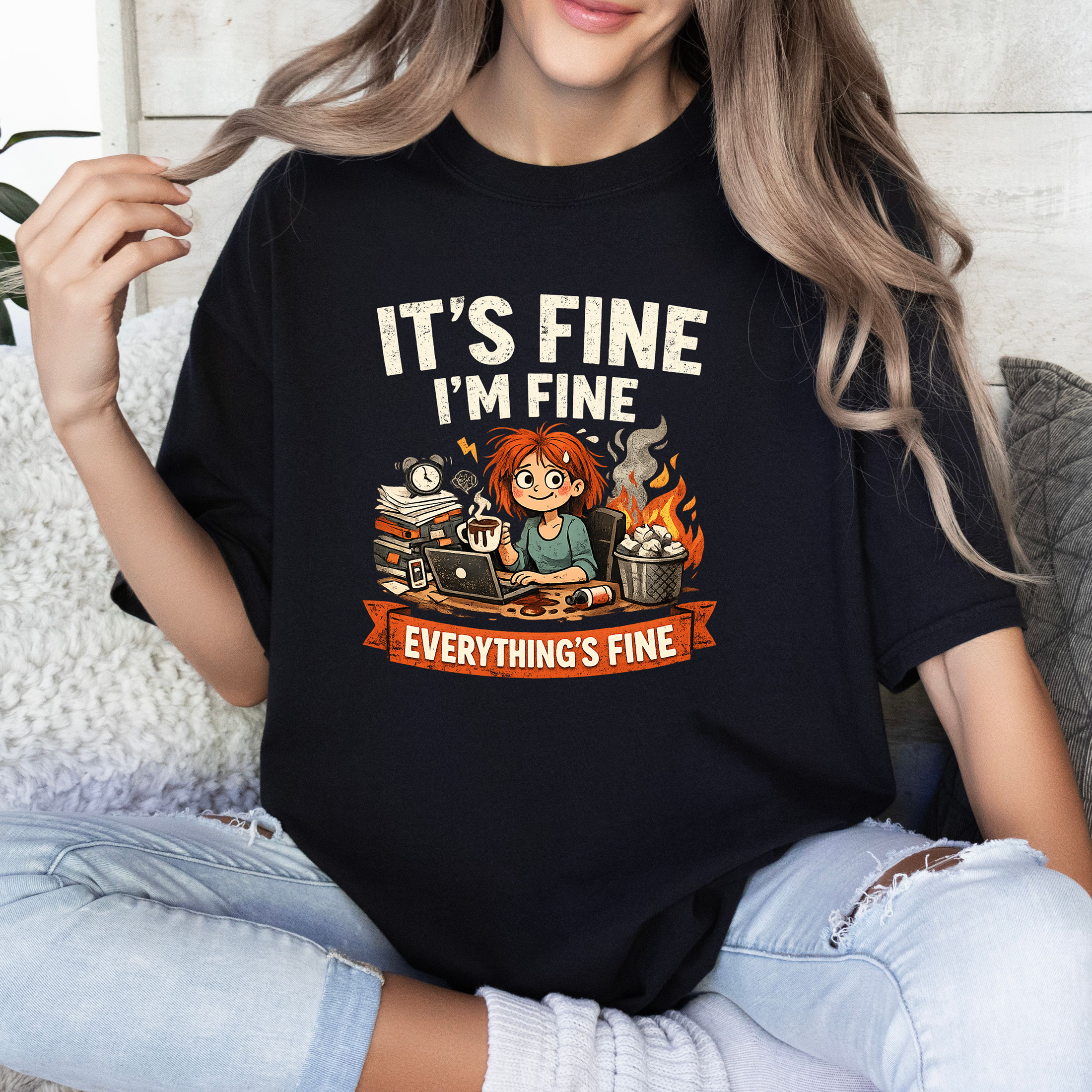 Funny "It’s Fine I’m Fine Everything’s Fine" T-Shirt — Stress Relief Graphic Tee product thumbnail image Funny "It’s Fine I’m Fine Everything’s Fine" T-Shirt — Stress Relief Graphic Tee product thumbnail image