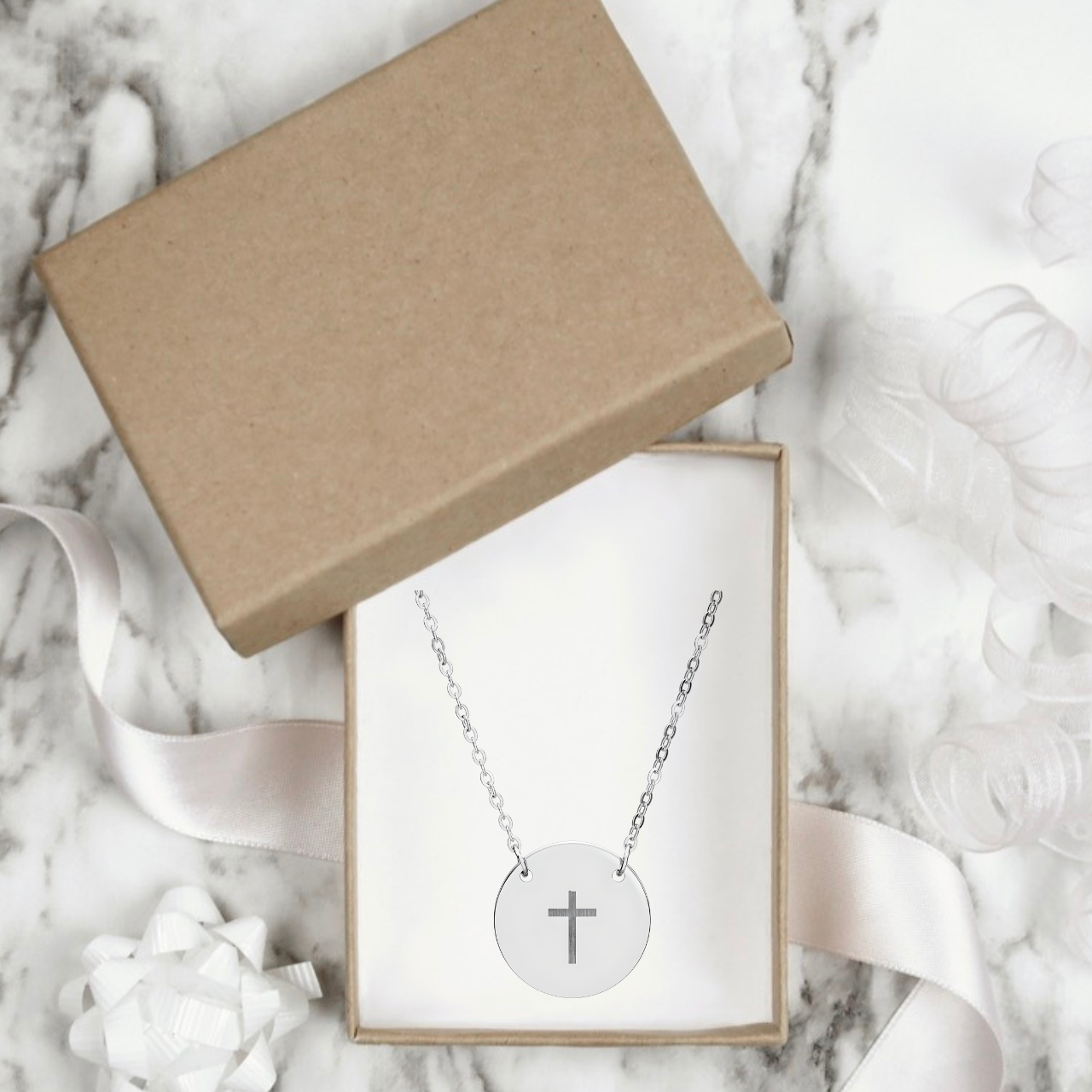 Cross Christian Necklace | Engraved Stainless Steel Circle Pendant product thumbnail image Cross Christian Necklace | Engraved Stainless Steel Circle Pendant product thumbnail image