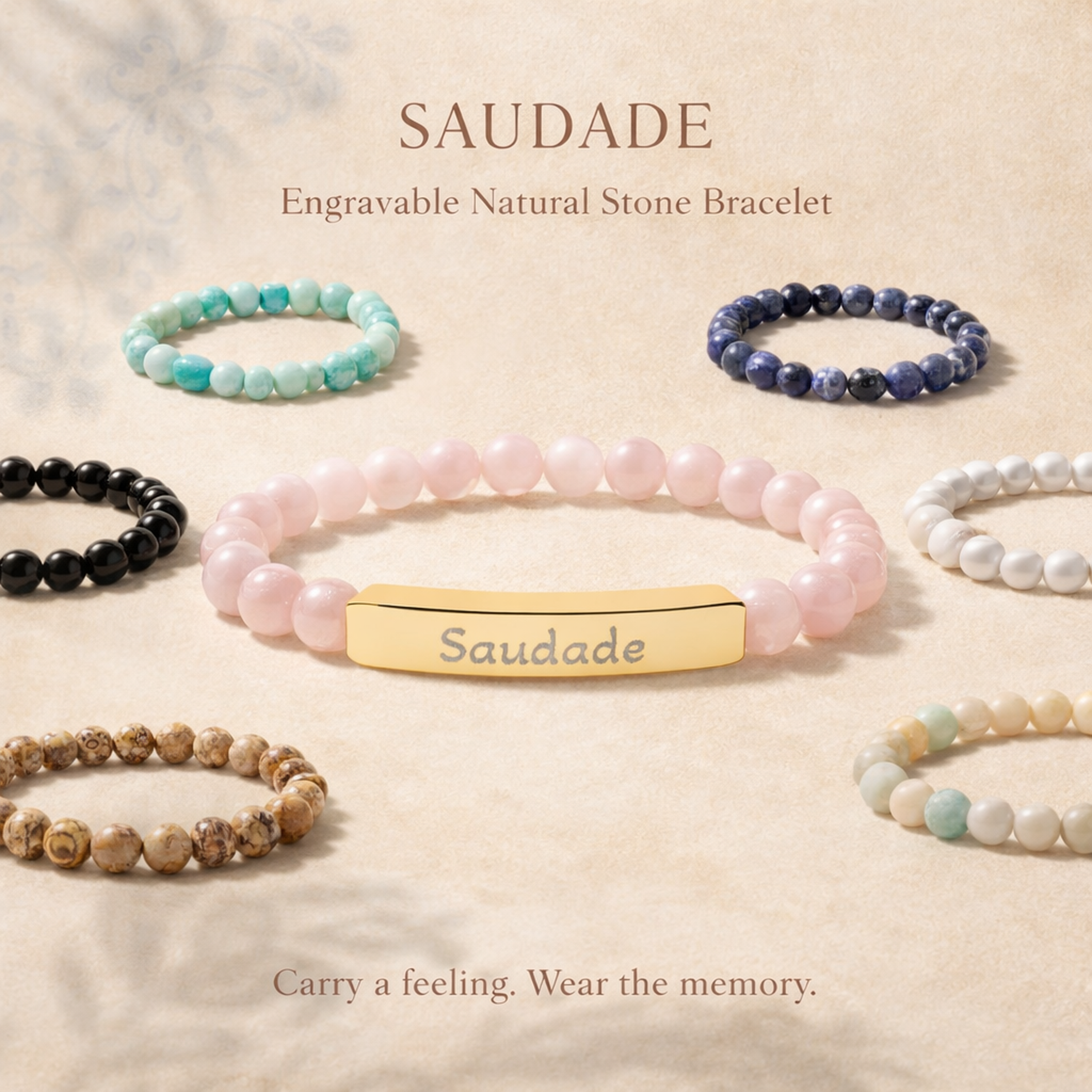 SAUDADE Engravable Natural Stone Bar Bracelet Personalized Stretch Beaded Bracelet ("Saudade") - ASSORTED NATURAL STONE OPTIONS