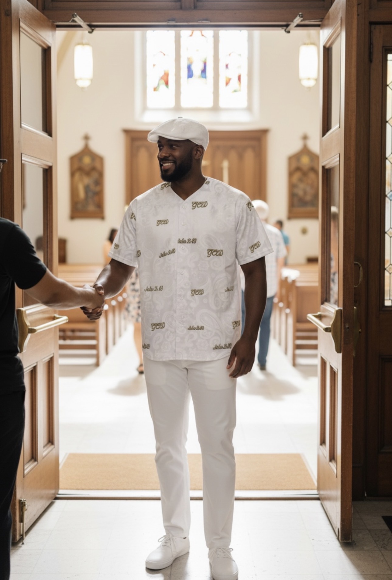 White paisley 'John 3:16' Gold Scripture — Men's Faith Baseball Shirt product thumbnail image White paisley 'John 3:16' Gold Scripture — Men's Faith Baseball Shirt product thumbnail image