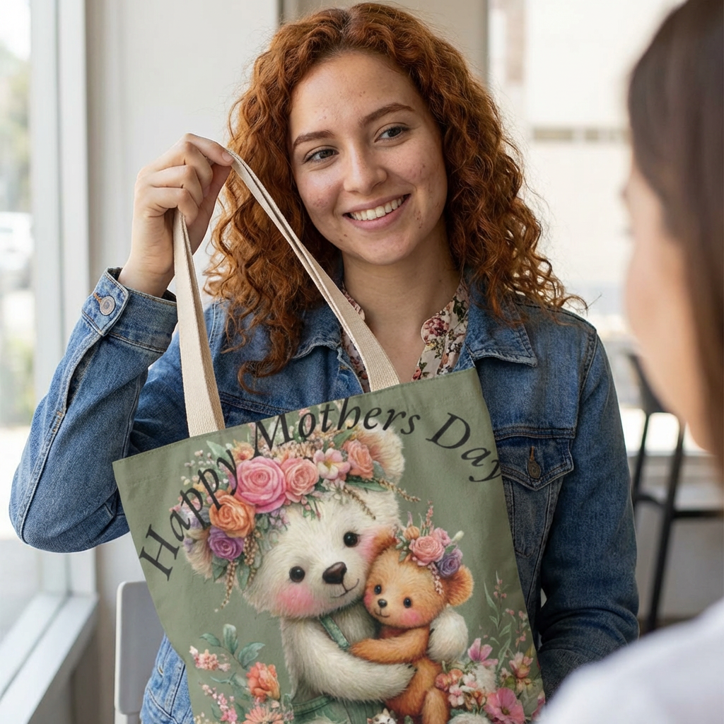 Mothers Day Floral Bear Canvas Tote