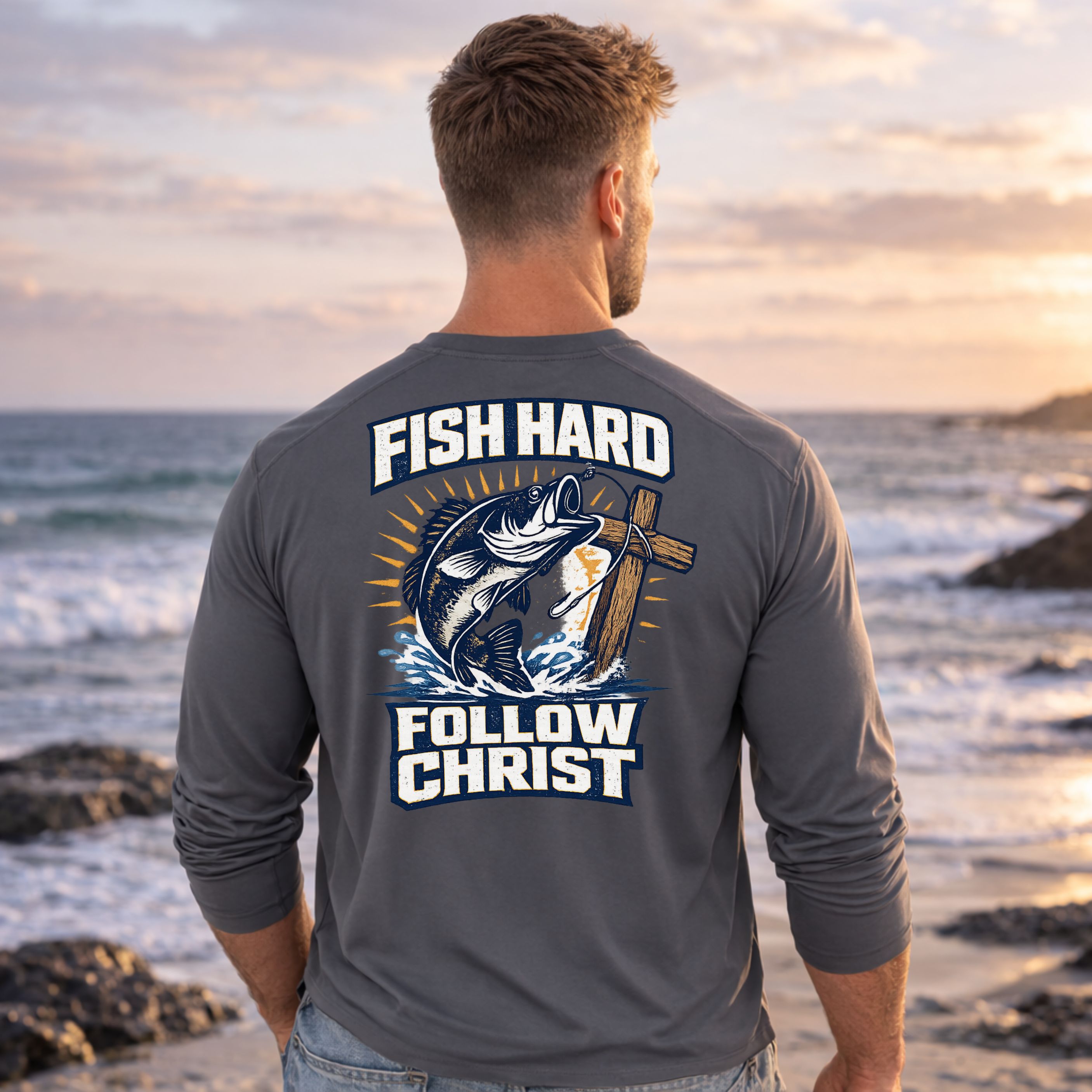 'Fish Hard Follow Christ' Long Sleeve Fishing Shirt product thumbnail image 'Fish Hard Follow Christ' Long Sleeve Fishing Shirt product thumbnail image