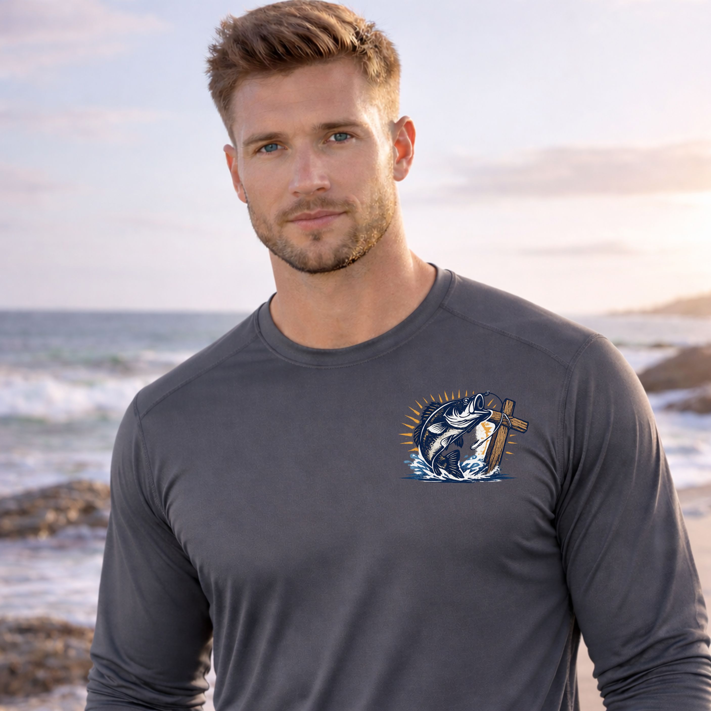 'Fish Hard Follow Christ' Long Sleeve Fishing Shirt product thumbnail image 'Fish Hard Follow Christ' Long Sleeve Fishing Shirt product thumbnail image