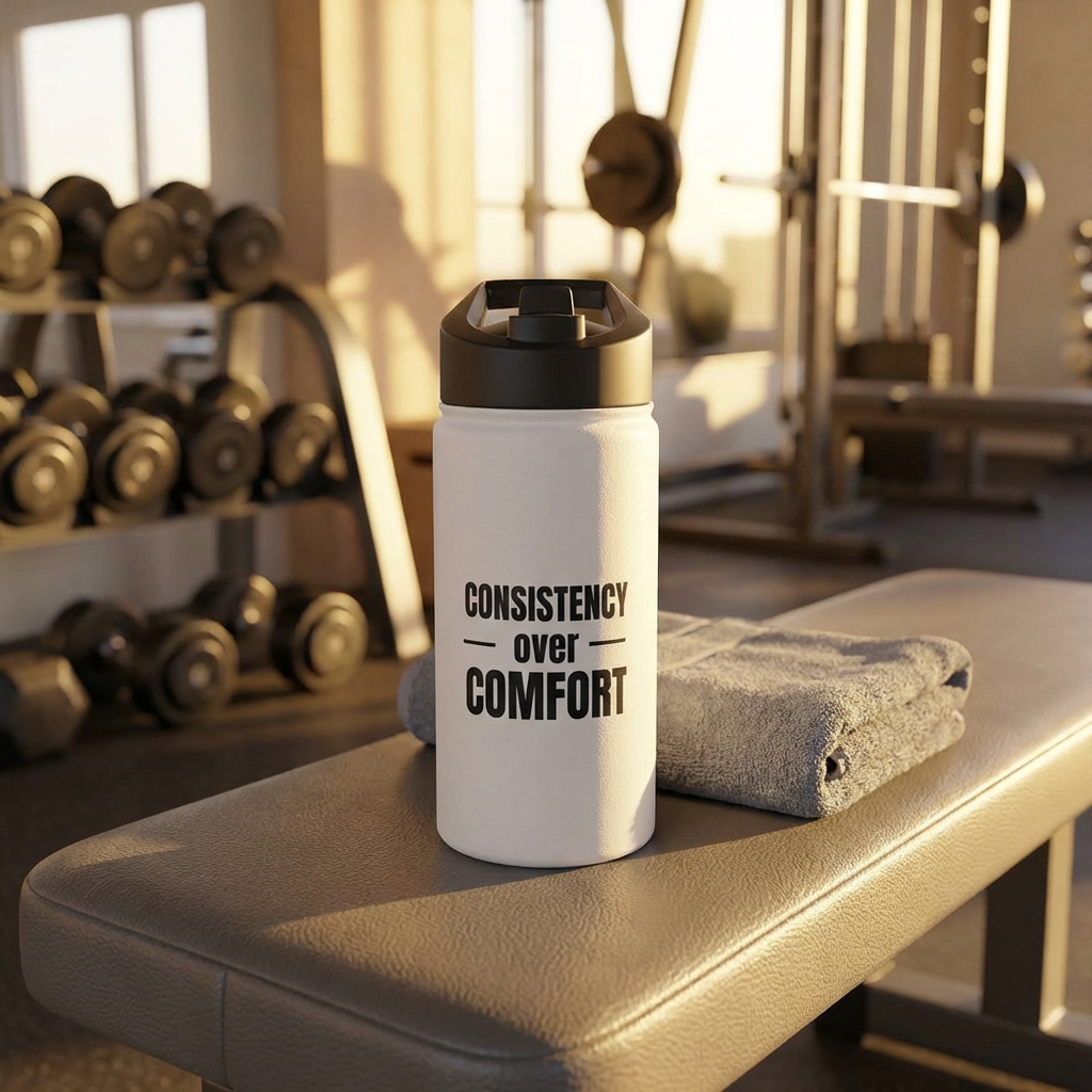 Consistency Over Comfort Stainless Steel Water Bottle — Motivational Gym Bottle product thumbnail image