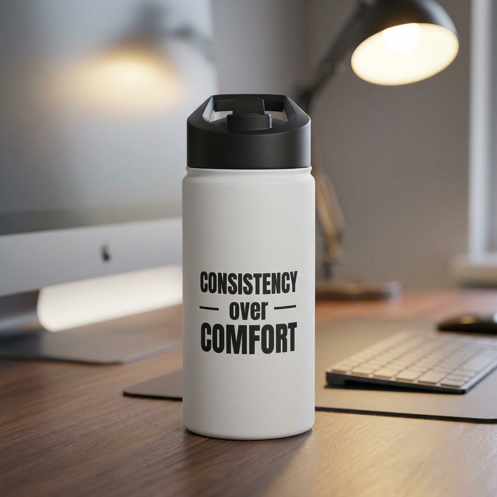 Consistency Over Comfort Stainless Steel Water Bottle — Motivational Gym Bottle