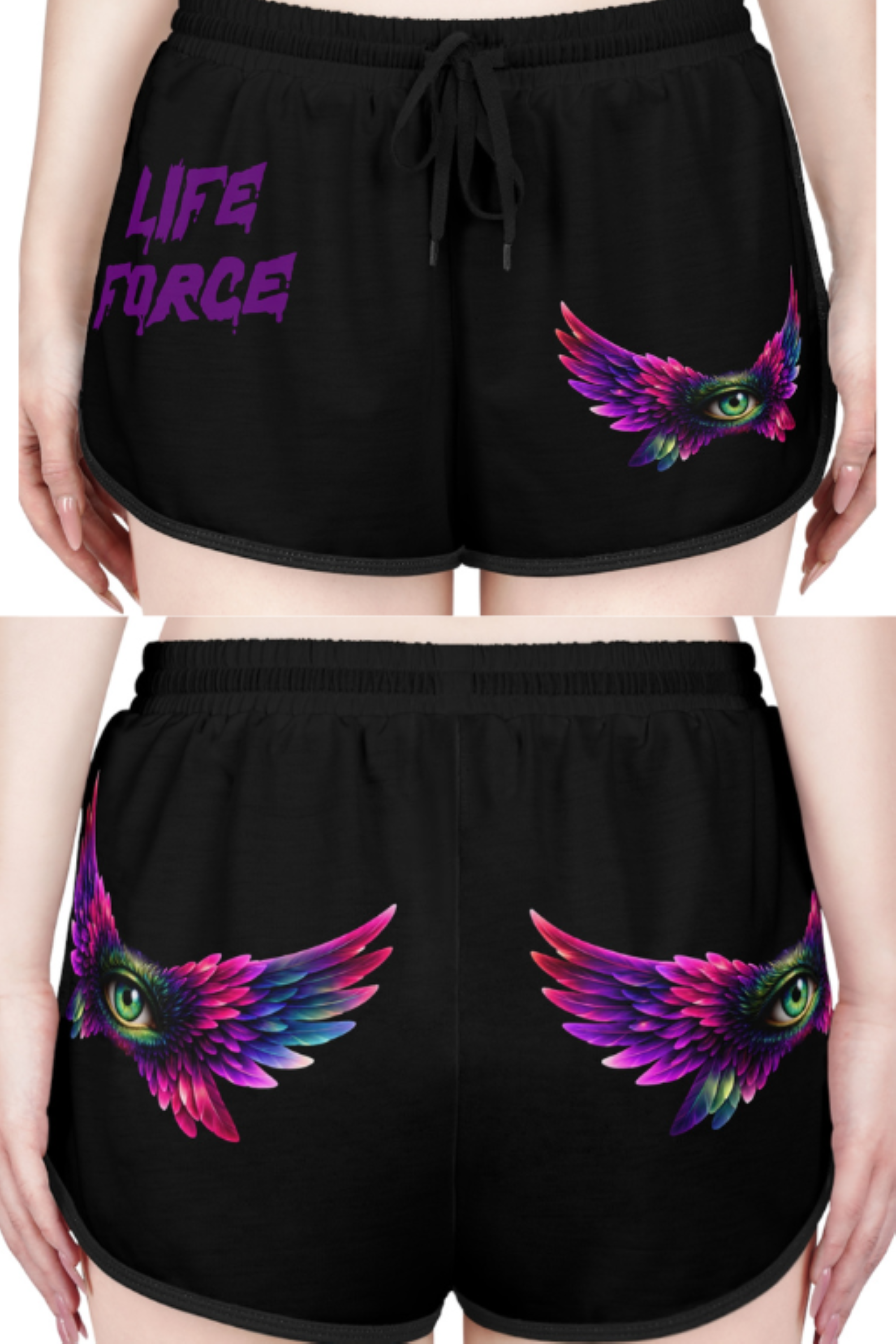 Womens Relaxed Shorts "Life Force" — "Winged Evil Eye" Black AOP Lounge Shorts product thumbnail image Womens Relaxed Shorts "Life Force" — "Winged Evil Eye" Black AOP Lounge Shorts product thumbnail image