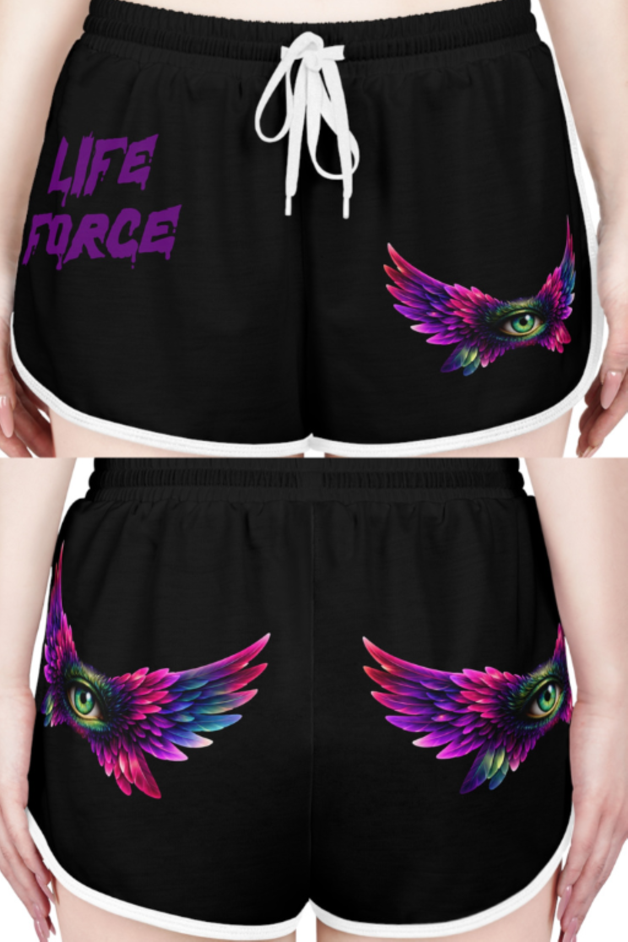 Womens Relaxed Shorts "Life Force" — "Winged Evil Eye" Black AOP Lounge Shorts product thumbnail image Womens Relaxed Shorts "Life Force" — "Winged Evil Eye" Black AOP Lounge Shorts product thumbnail image