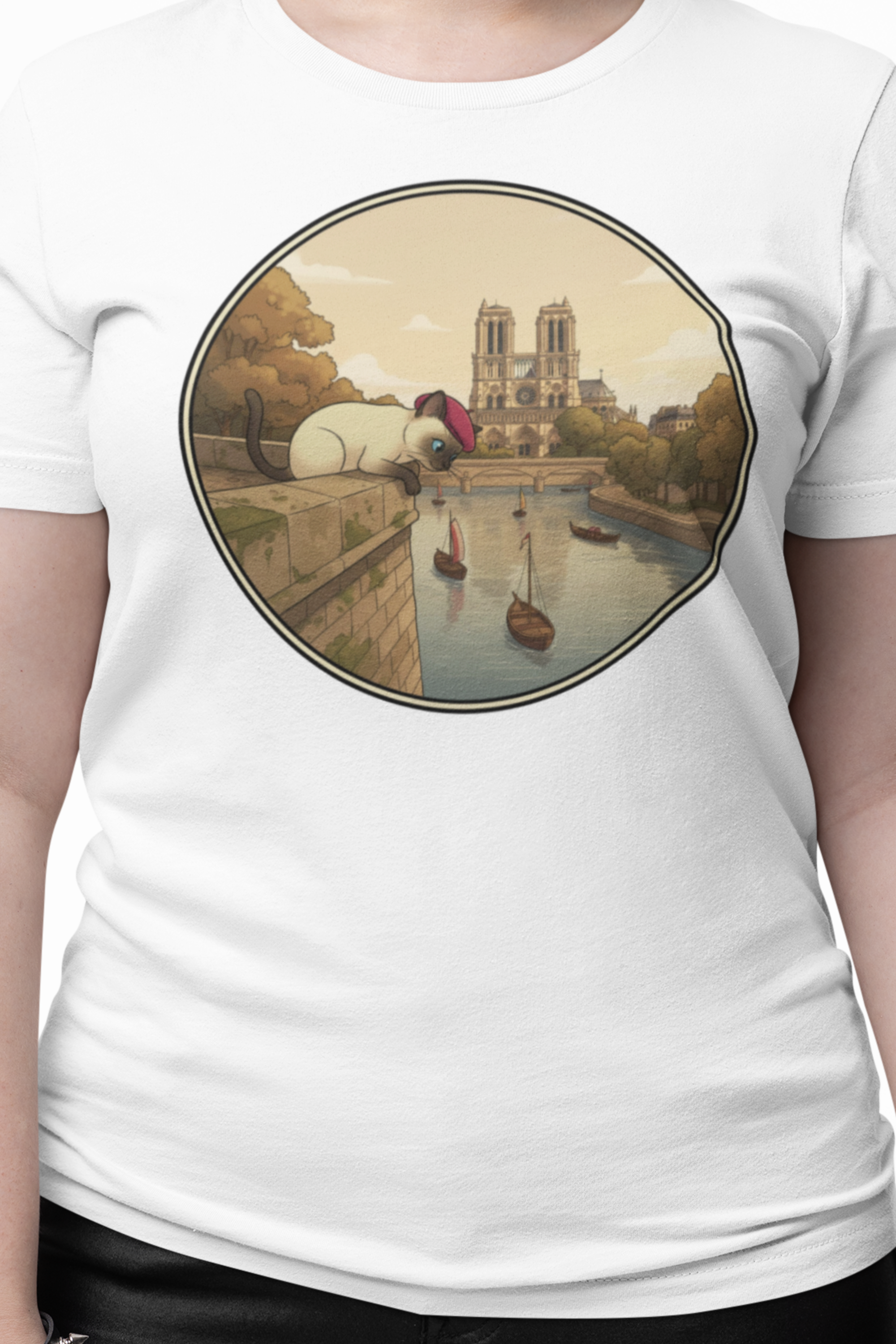 Siamese Cat | Comfort Colors Unisex T-Shirt | Cat Lovers Paris Vintage Graphic Tee | Seine River at Notre‑Dame Cathedral Cute Cat Travel Scene