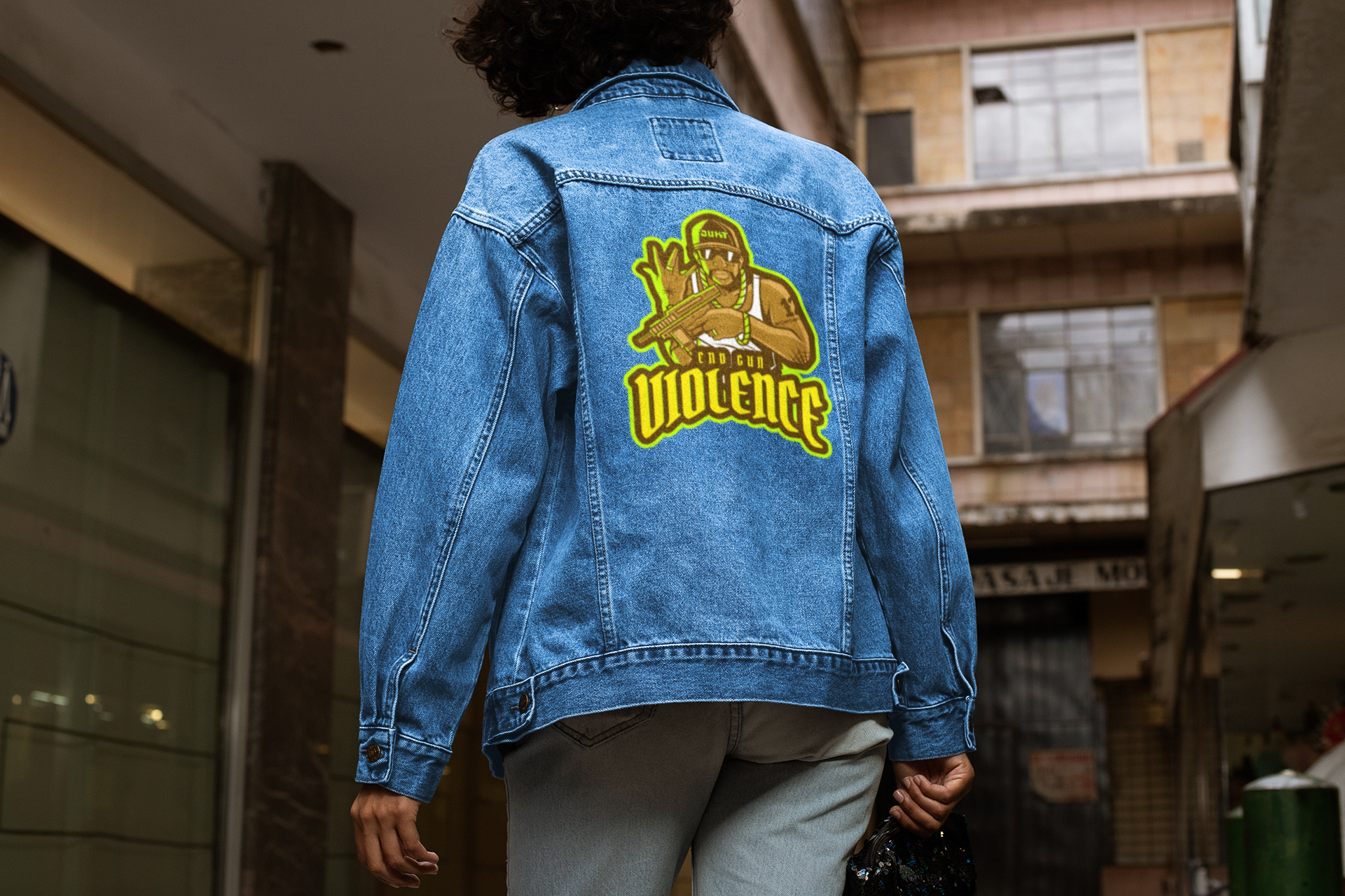 Denim Jacket – End Gun Violence Street Art Graphic Unisex Jacket product thumbnail image Denim Jacket – End Gun Violence Street Art Graphic Unisex Jacket product thumbnail image
