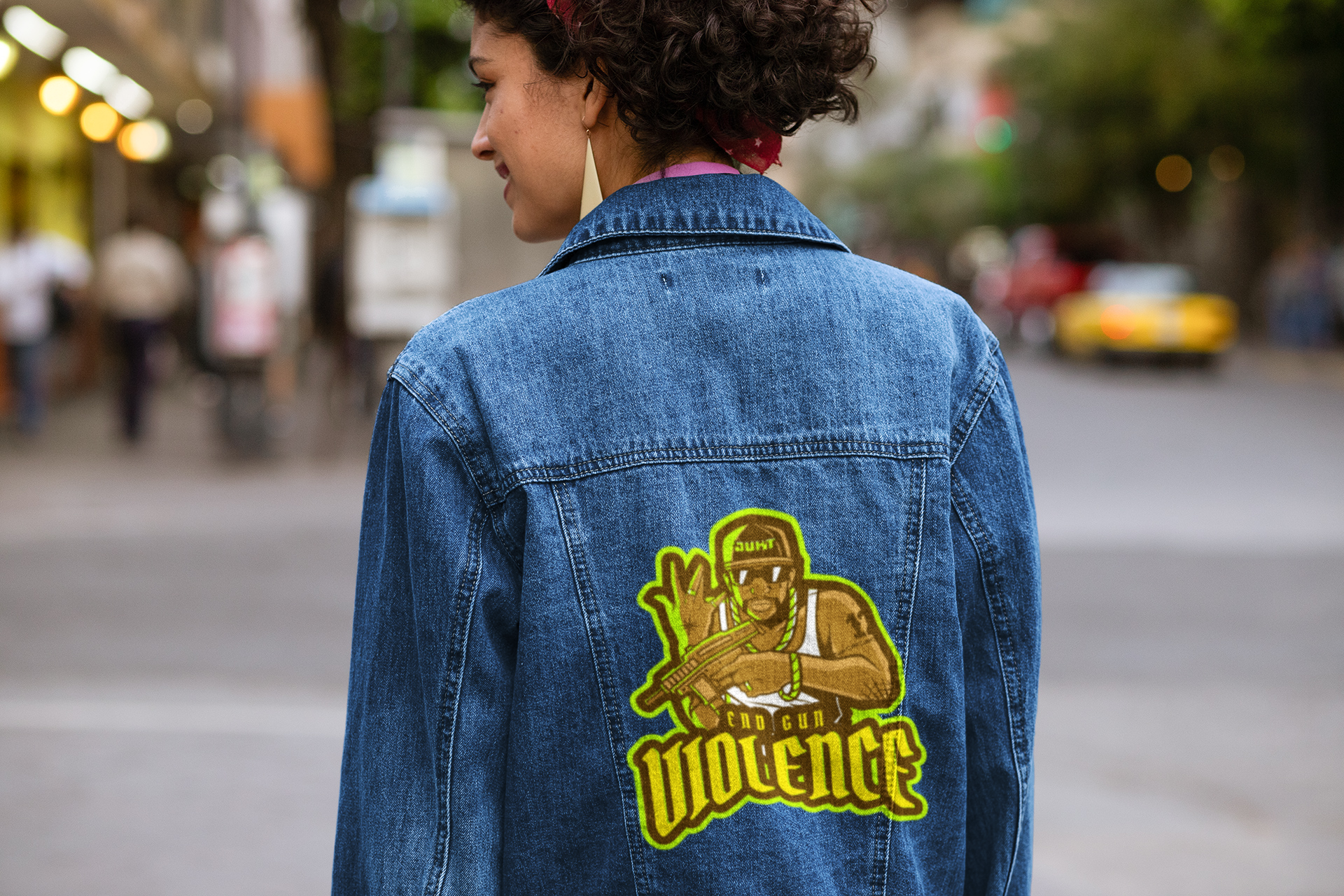 Denim Jacket – End Gun Violence Street Art Graphic Unisex Jacket product thumbnail image Denim Jacket – End Gun Violence Street Art Graphic Unisex Jacket product thumbnail image