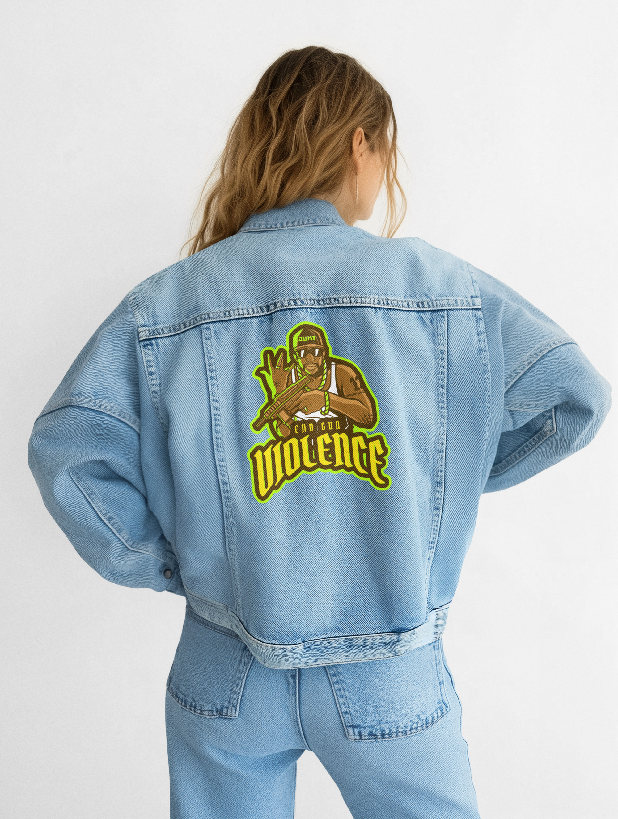 Denim Jacket – End Gun Violence Street Art Graphic Unisex Jacket product thumbnail image Denim Jacket – End Gun Violence Street Art Graphic Unisex Jacket product thumbnail image