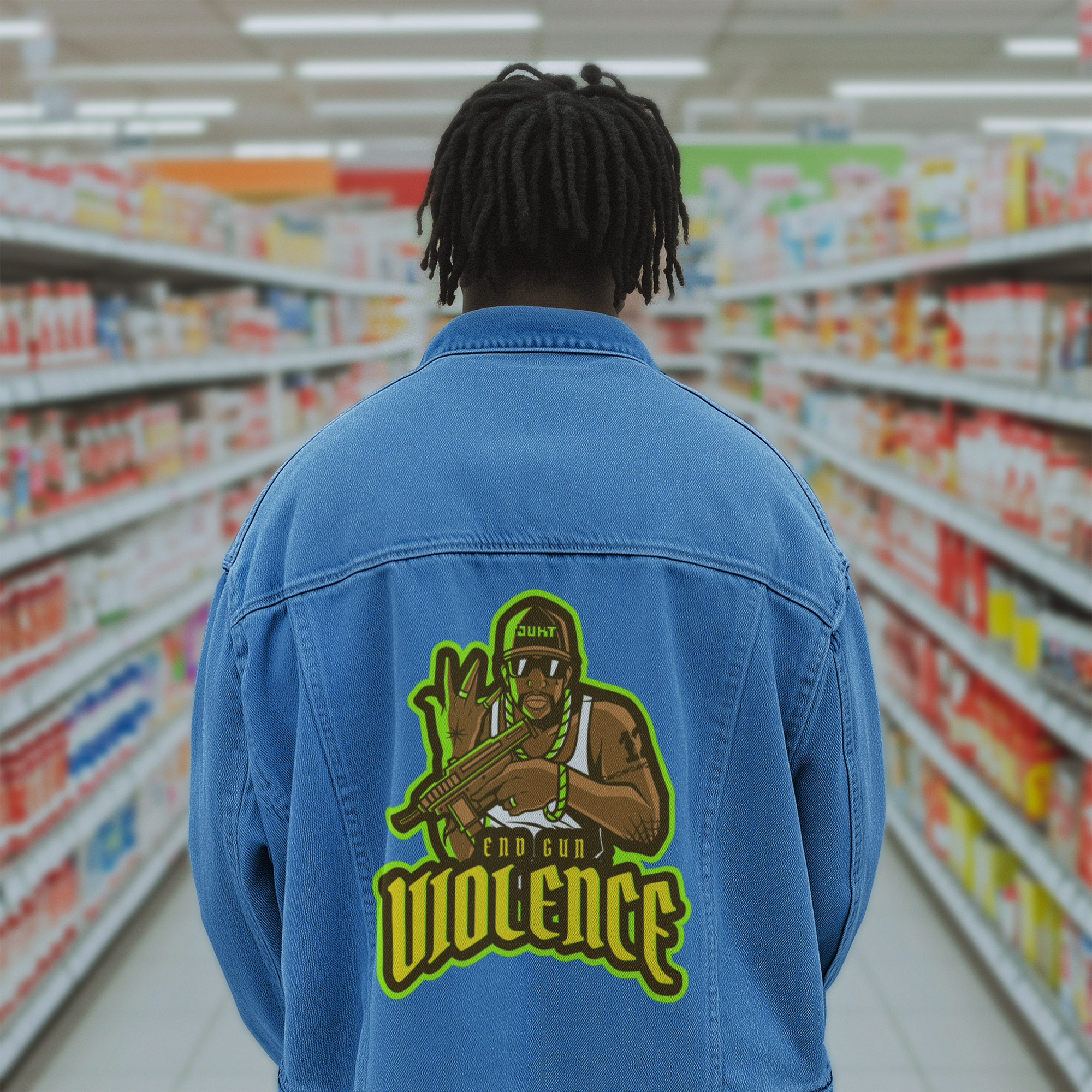 Denim Jacket – End Gun Violence Street Art Graphic Unisex Jacket product thumbnail image