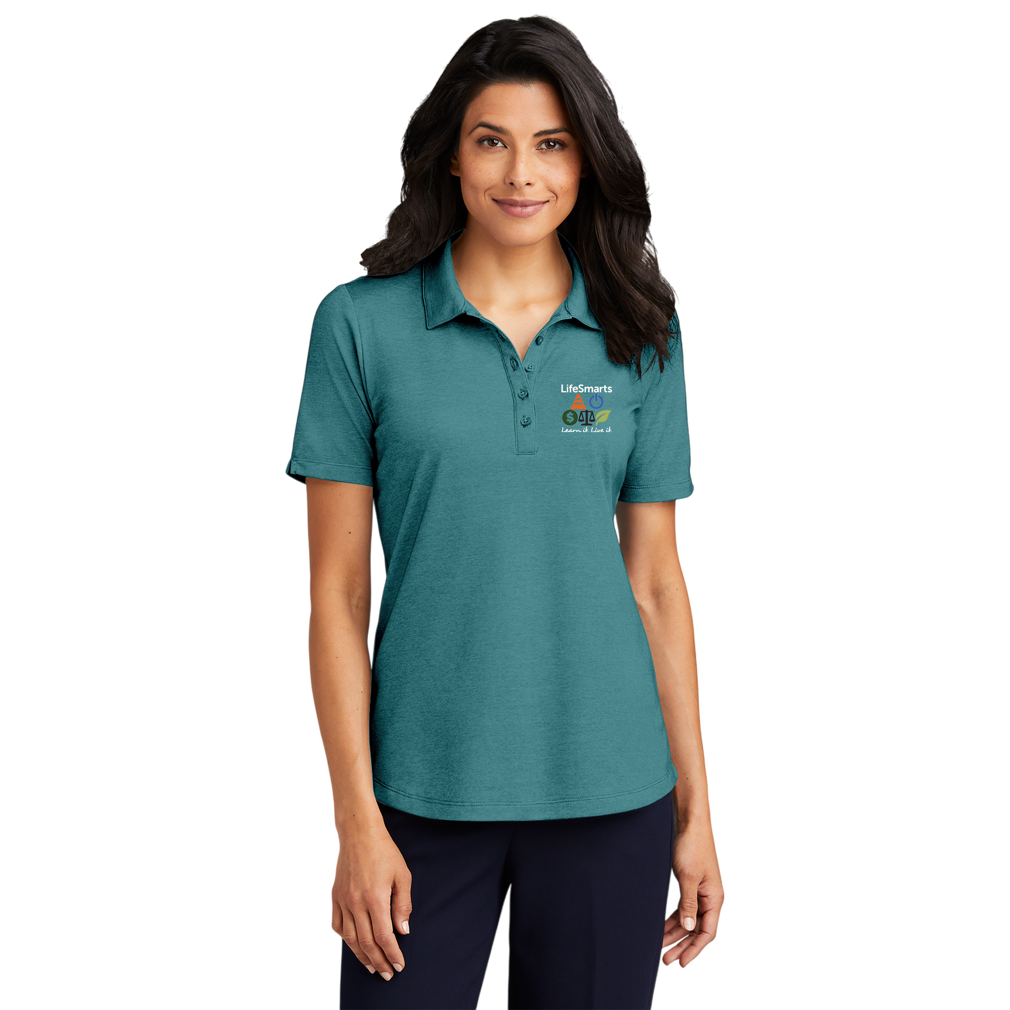 Women’s Polo Shirt – LifeSmarts Logo & Icons Performance Polo product thumbnail image Women’s Polo Shirt – LifeSmarts Logo & Icons Performance Polo product thumbnail image