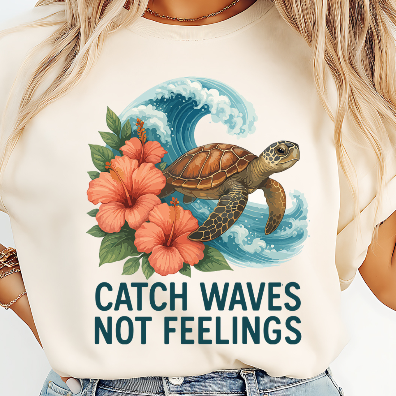 Catch Waves Not Feelings T-Shirt — Sea Turtle Surf Graphic Tee product thumbnail image
