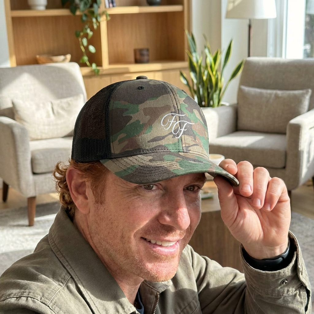 Camo Trucker Hat — Embroidered Script Initials (Adjustable Mesh Cap) product thumbnail image Camo Trucker Hat — Embroidered Script Initials (Adjustable Mesh Cap) product thumbnail image