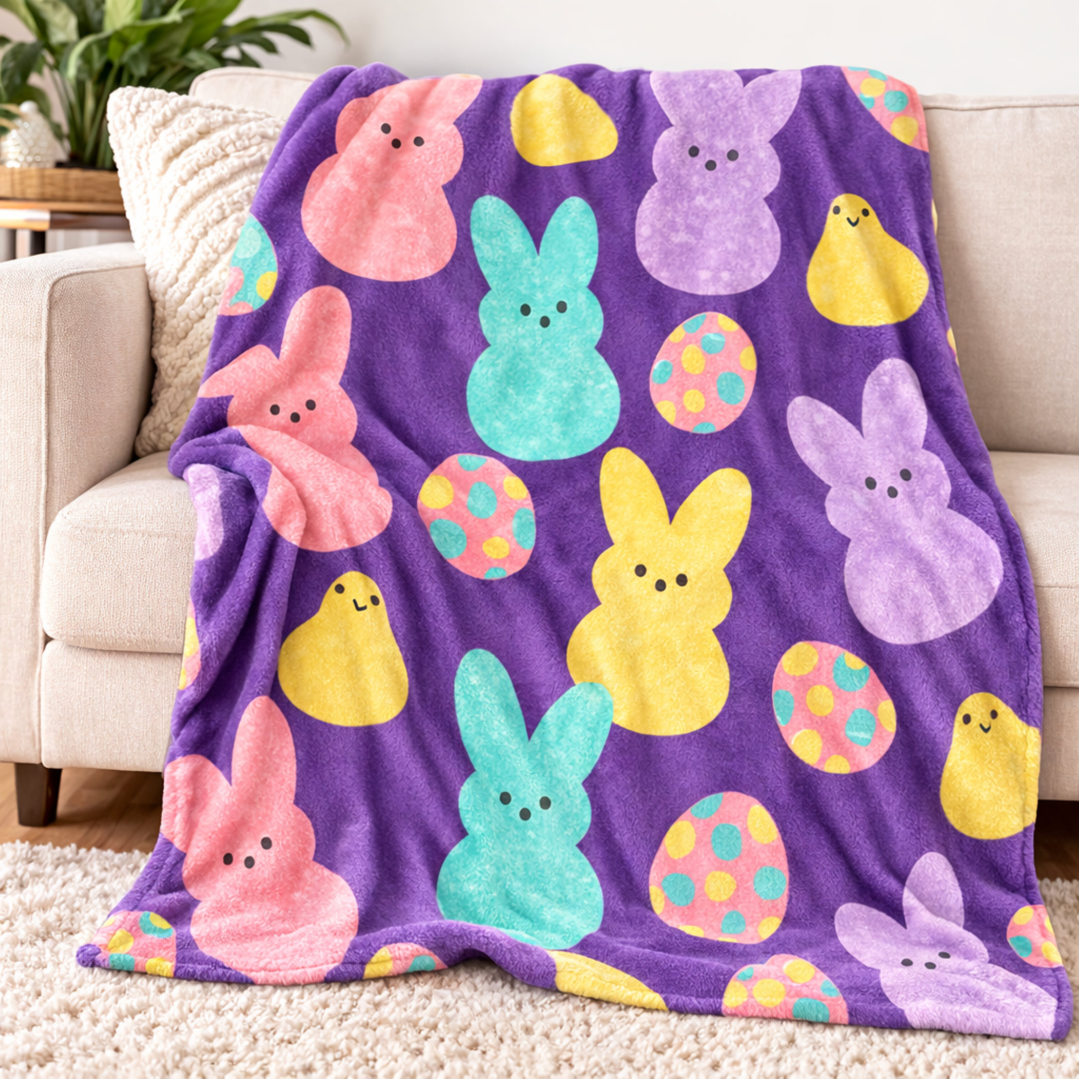 Easter Peeps Velveteen Plush Blanket — Pastel Bunny &amp; Egg Throw product thumbnail image